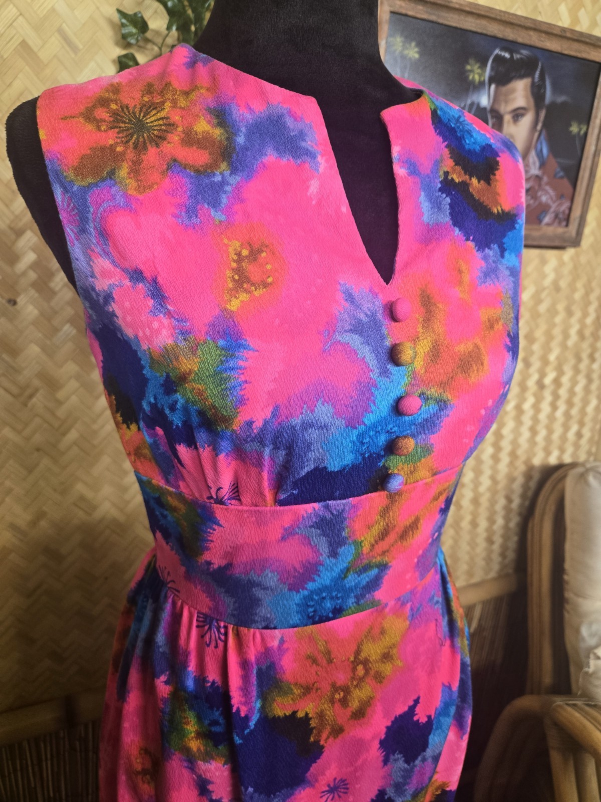 Vintage Gallant Of California Hawaiian Styled Barkcloth Maxi Aloha Dress w1155