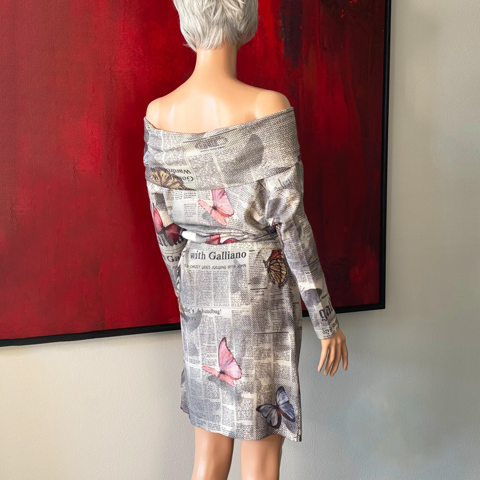 JOHN GALLIANO 2000s Gazette Newspaper Butterfly wool stretch dress print size M