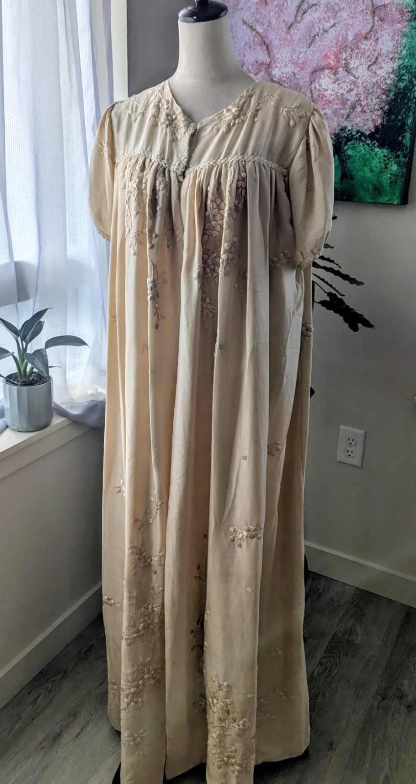 Antique Hand Sewn Silk Bridal Robe Hand Embroidered Peignoir 59”
