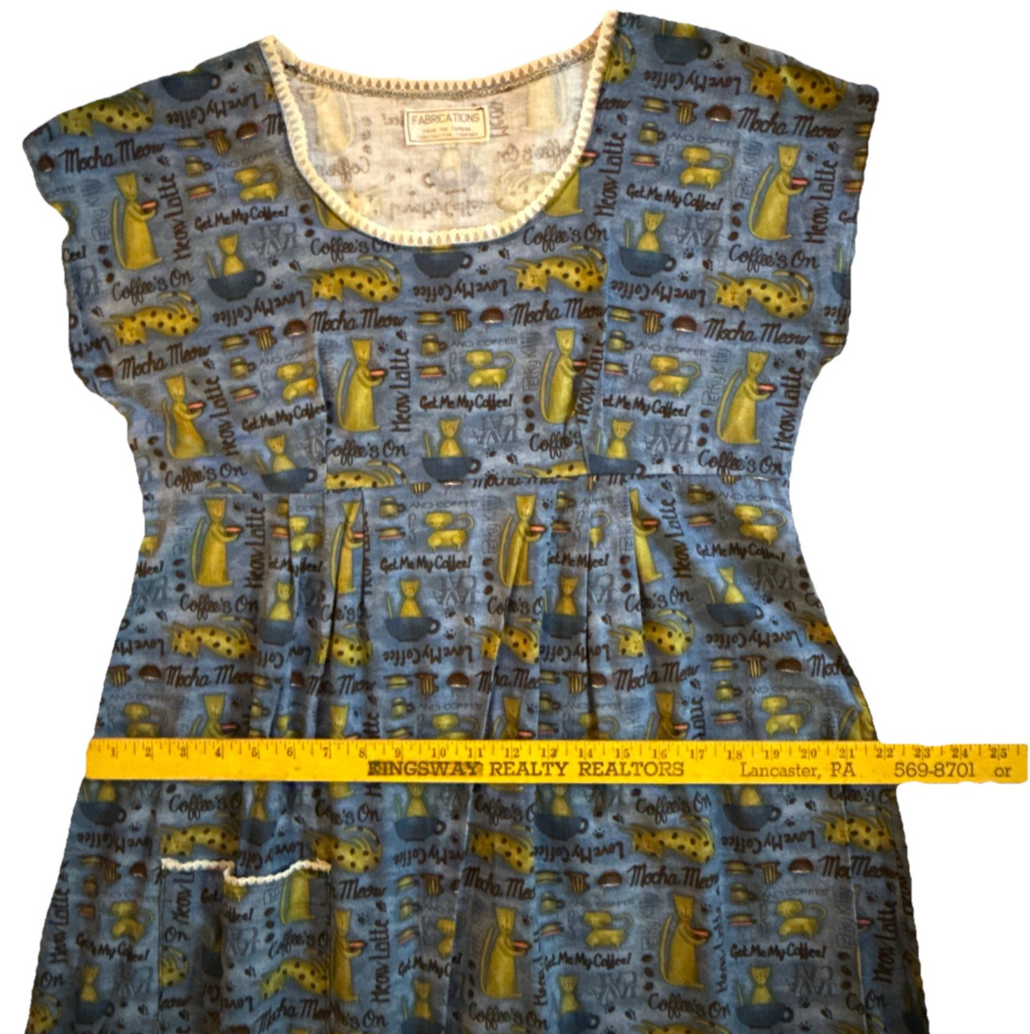 VTG Handmade Cats Coffee Print House Farm Dress Womens L CHARMING Fabric Retro