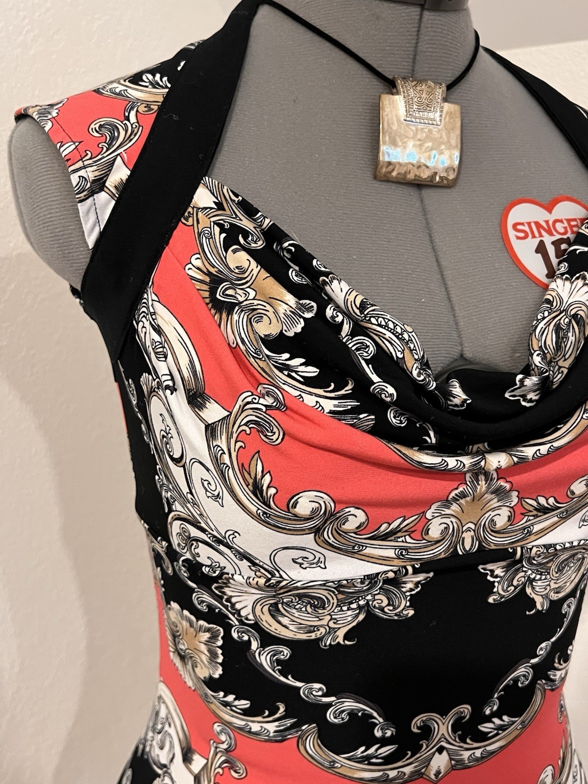 Caché Y2K Vintage Baroque Print Jersey Cowl Neck Mobwife Women’s Top, XS