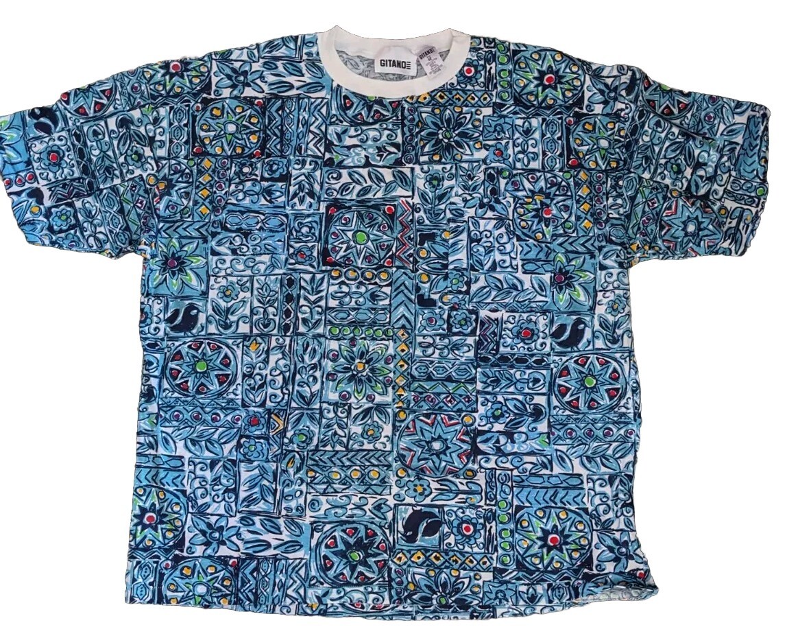 Vintage Gitano Womens Shirt 1X 1980’s Blue Abstract Print Cotton Plus 22 42