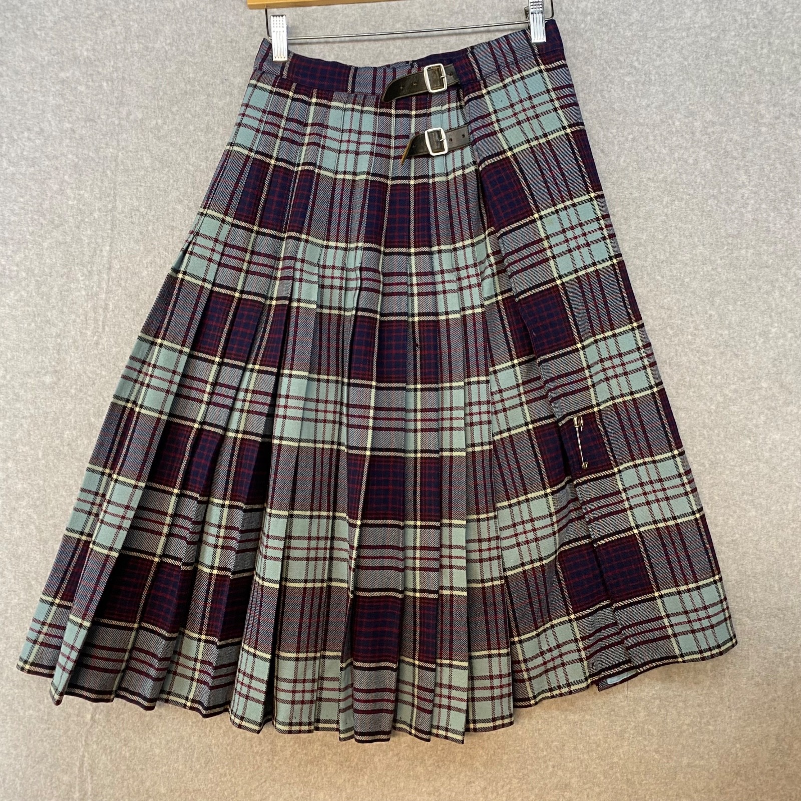 Vintage New Era 27″ Waist Blue Tartan Kilt Style Pleated Skirt Made In Scotland