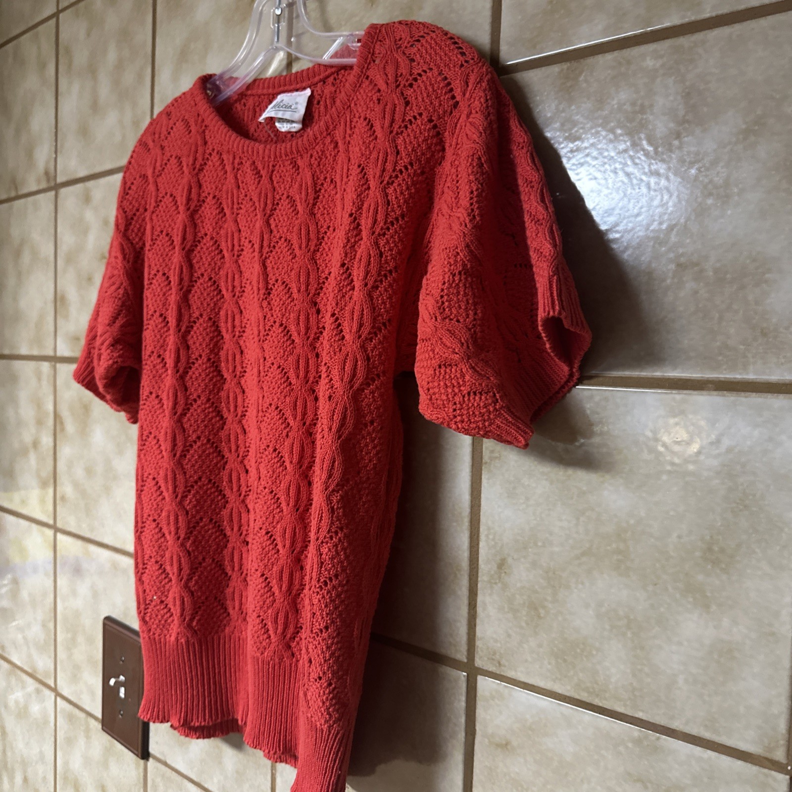 Vintage Alicia Petite Short Sleeve Strawberry Red Cotton Knit Sweater, Sz Sm