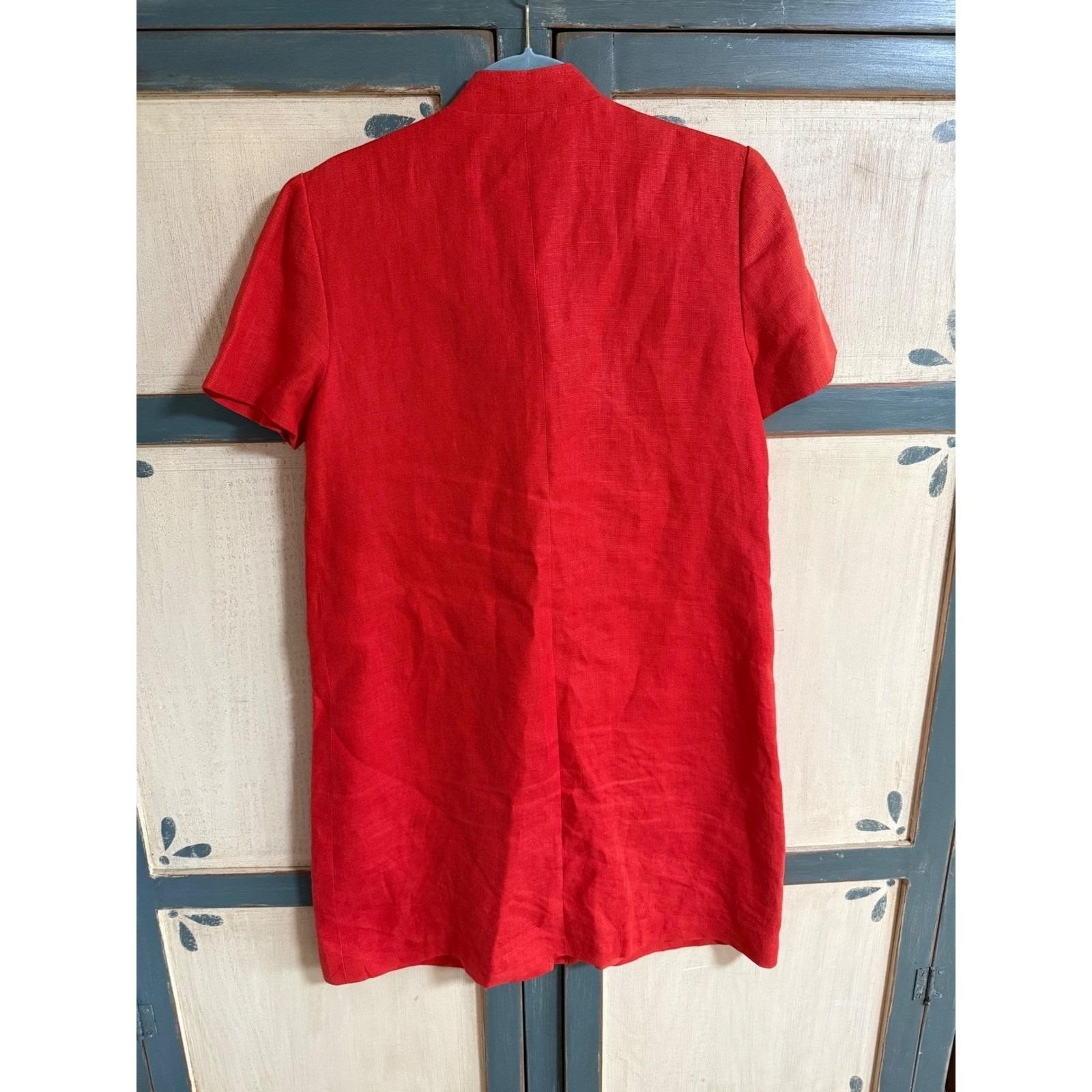 Oberon New York Vintage Red Linen Button Front Shift Dress Mandarin Collar 8