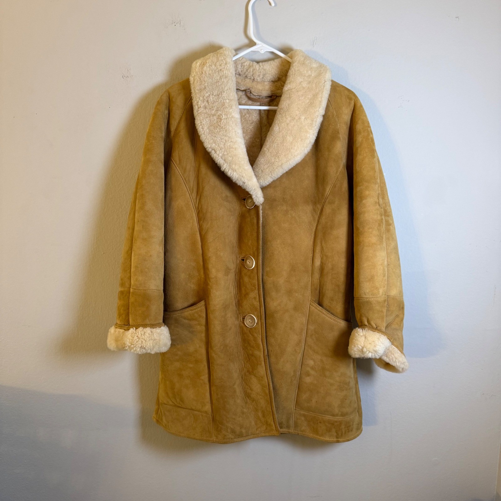 Vintage Knight Tailors Ltd Shearling Sheepskin Coat Tan Suede Wool Size 12