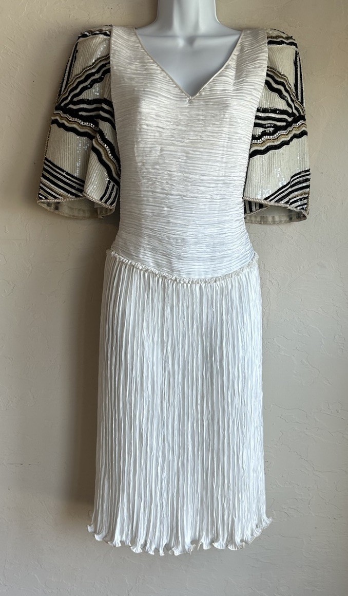 Vintage 80s Mary McFadden Couture Pleated Plisse Goddess Dress 14 Beaded Sleeves