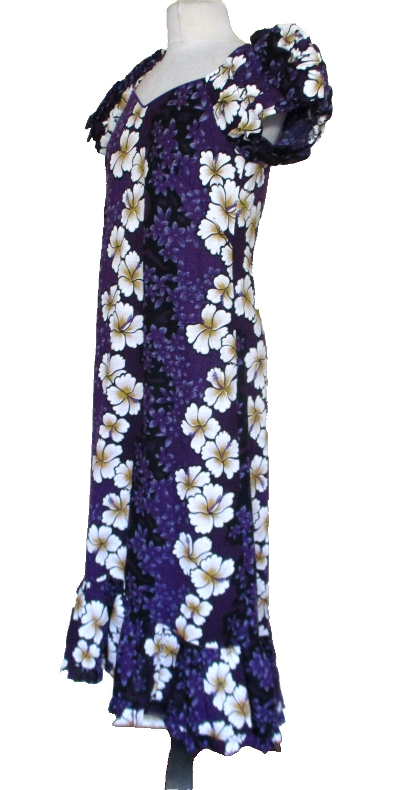 Vintage Hilo Hattie Hawaiian Maxi Dress Purple Hibiscus Floral Barkcloth S Women