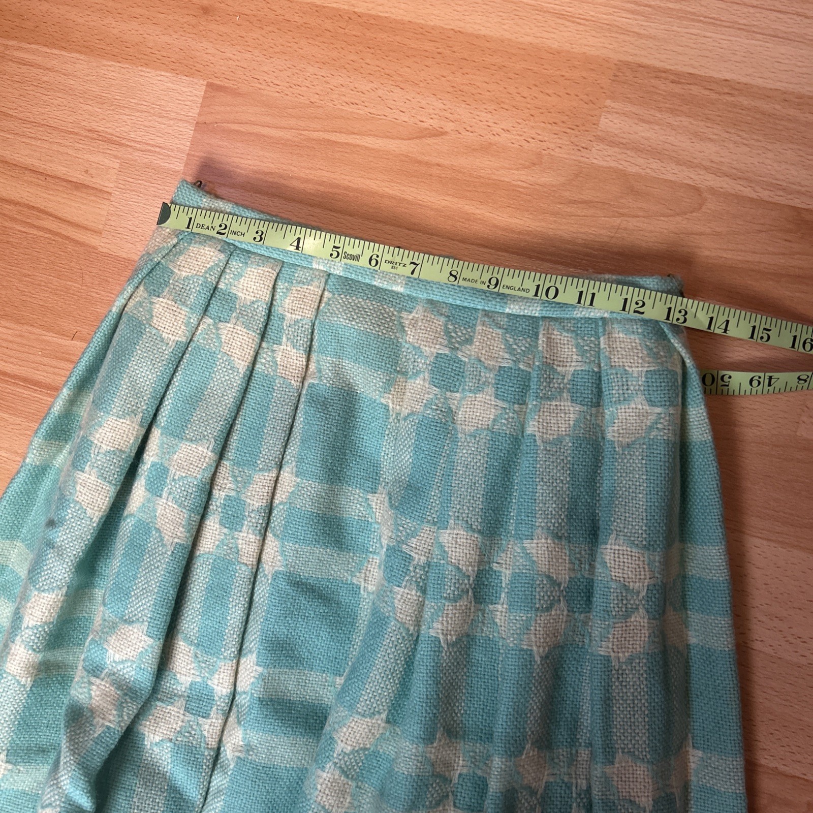 Vintage Bobbie Brooks 50s 60s Knit Pleated Plaid Mint Ivory Knee Flare Skirt S
