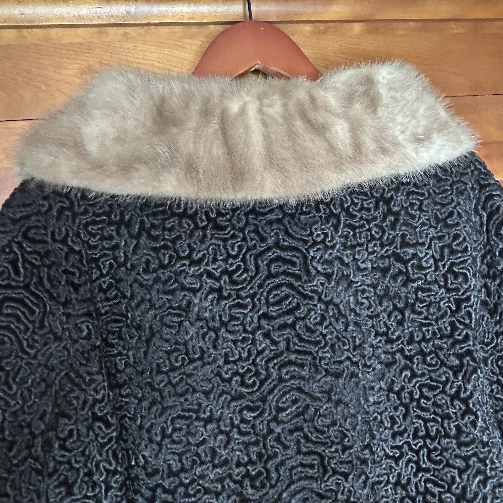 Vintage Astrakin Lepshire Longline Curly Persian Lamb Wool Coat with Mink Fur XL