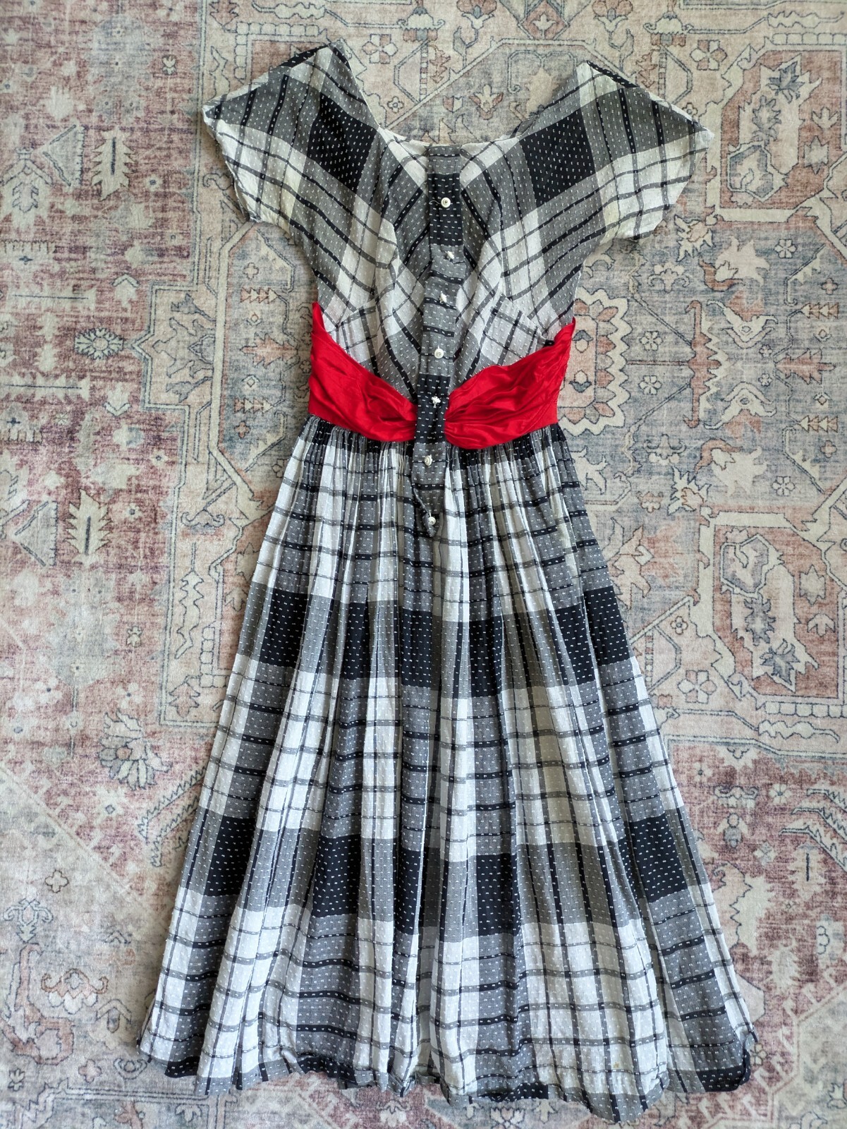 Vintage 1950s Lana Lobell Plaid Dress Red Scarf Waist Short Sleeve
