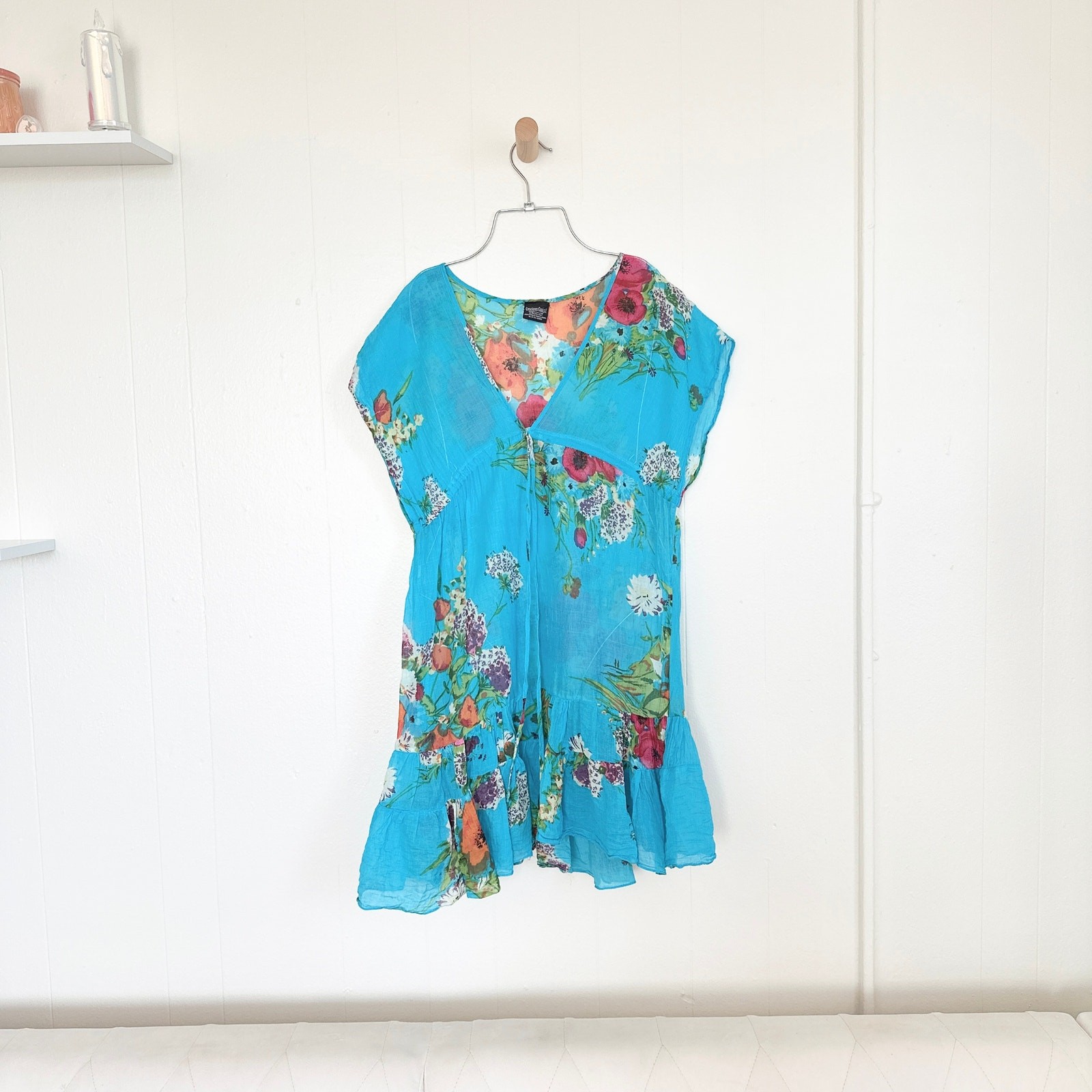 90s Thai Artisanal Dramatic Drop-Shoulder Tunic Dress Electric Turquoise Cotton