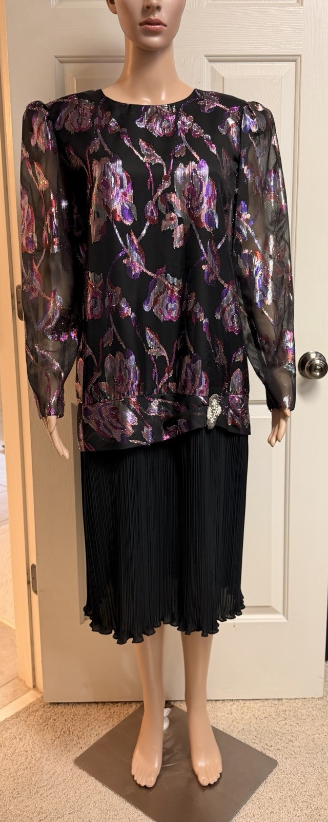 VINTAGE Patra Lurex Sparkly Crinkle Black Flapper Style Party Dress Size: 14