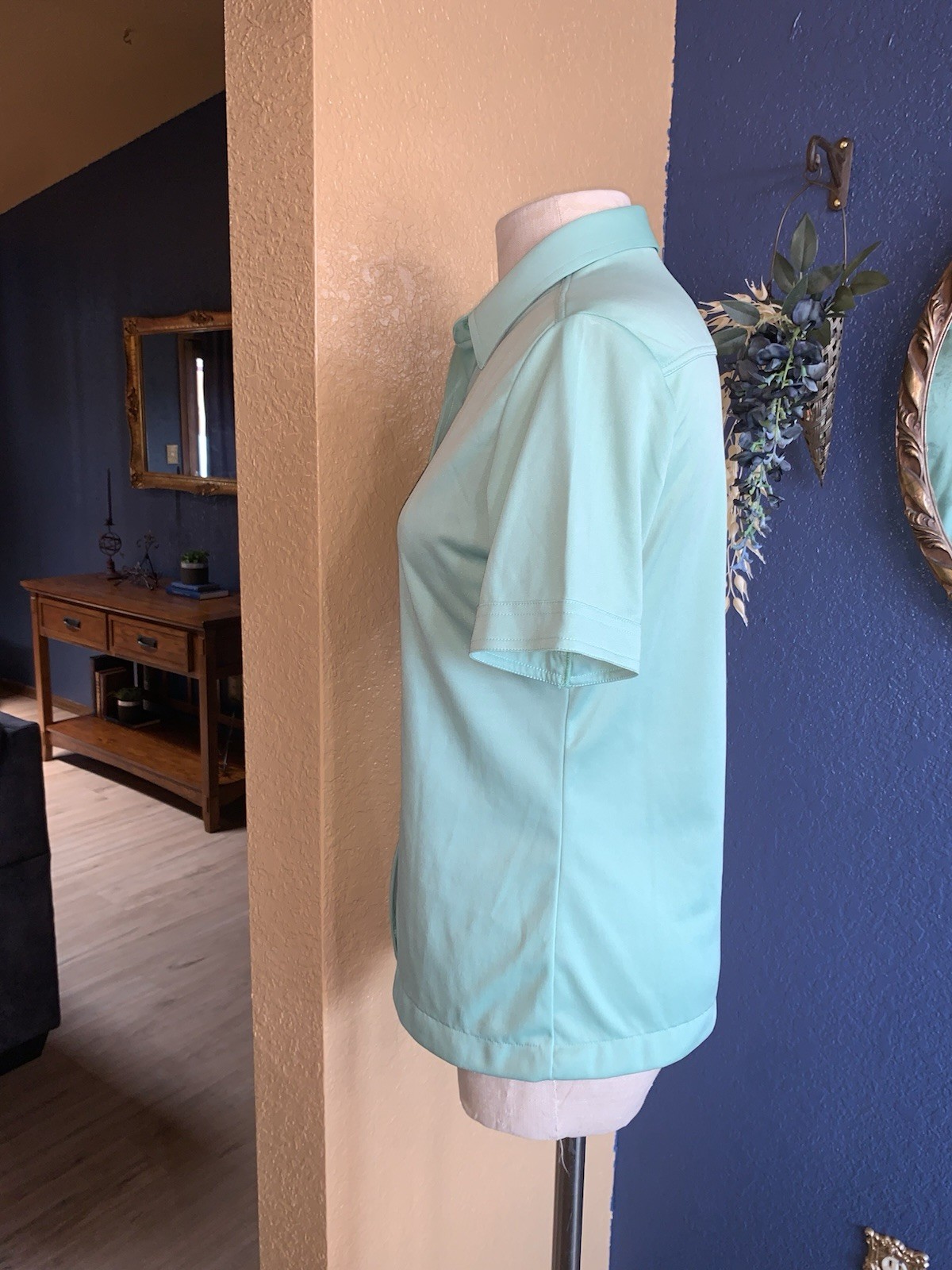 C1 80s Mint Green Button Up Blouse Short Sleeve Pointed Collar SZ 16 M/L SEARS