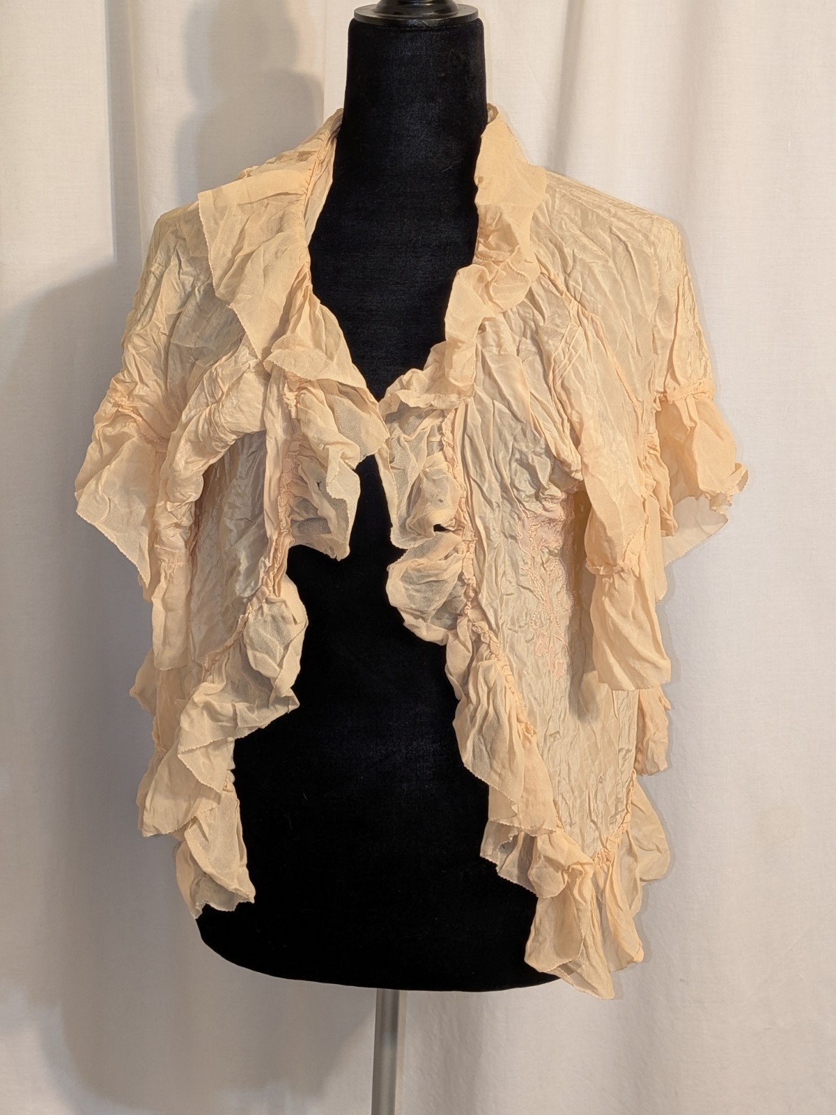 Antique 1930s Light Pink Chiffon Cape W/ Embroidered Rose Sz M