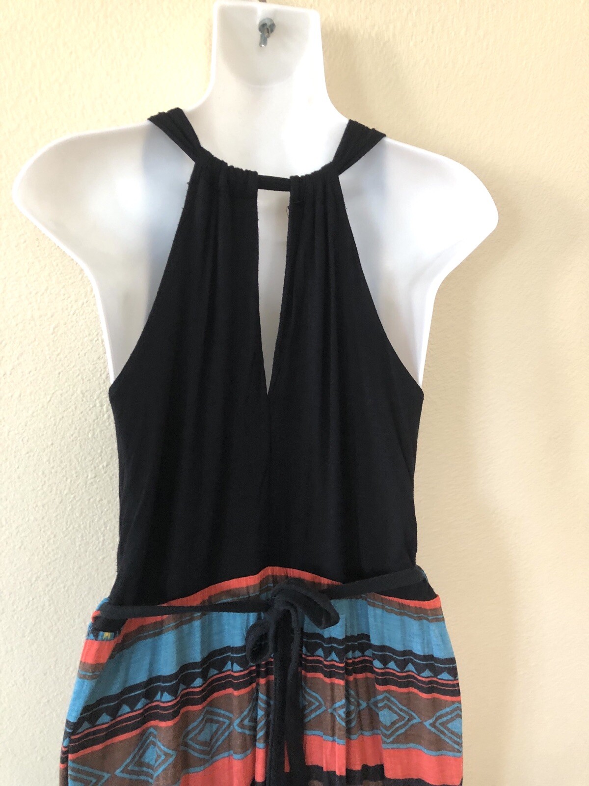 Y2K Vintage Papaya Boho Fairy Grunge Halter Top Maxi Dress Aztec Print Black M