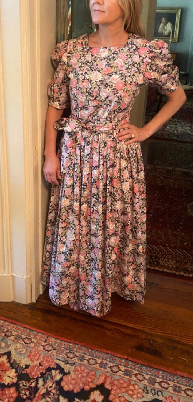vintage laura ashley coral/black floral prairie dress size 6