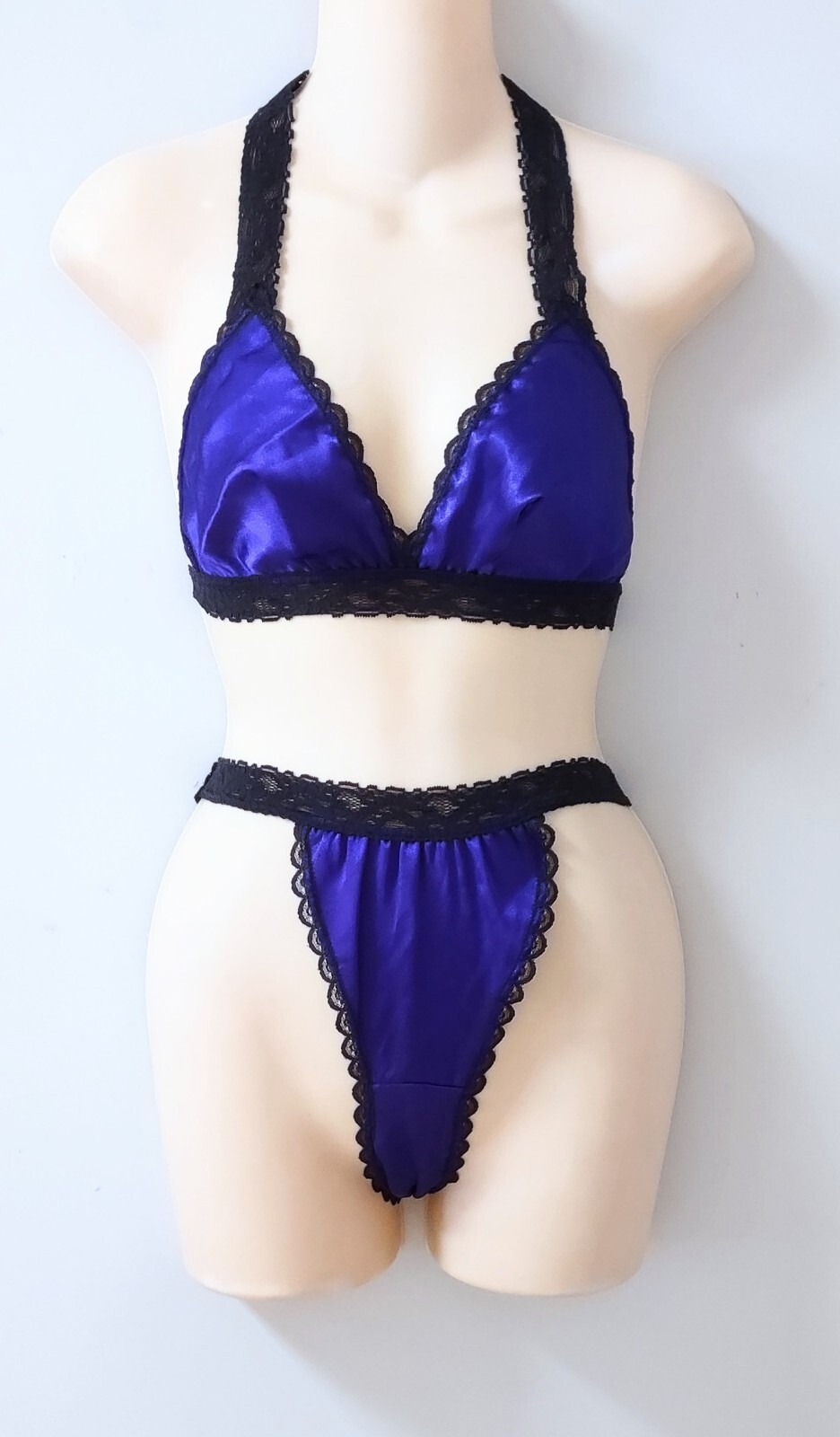 Secrets Lingerie Vtg 80’s Purple Satin Halter Bra High Leg Bikini Panties Set OS