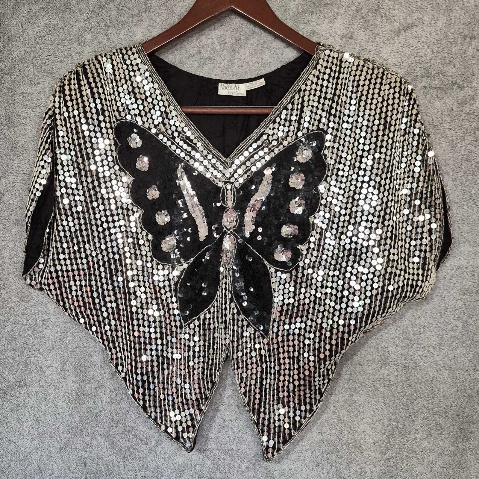 Vintage Valachi Creations 100% Silk Sequin Butterfly Cape Top Batwing Disco M/L