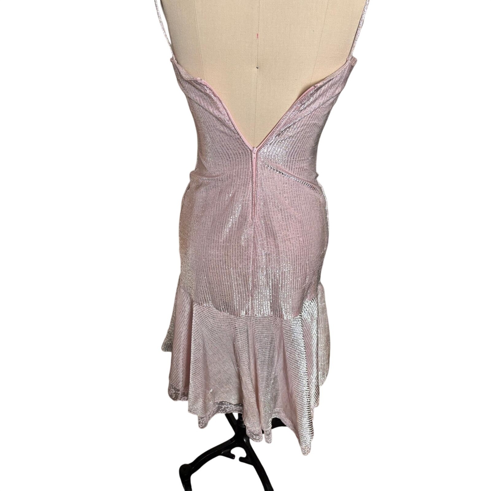 Vintage Ruched Metallic Lurex New Leaf by Samir Cocktail Dress Small Pink Silver