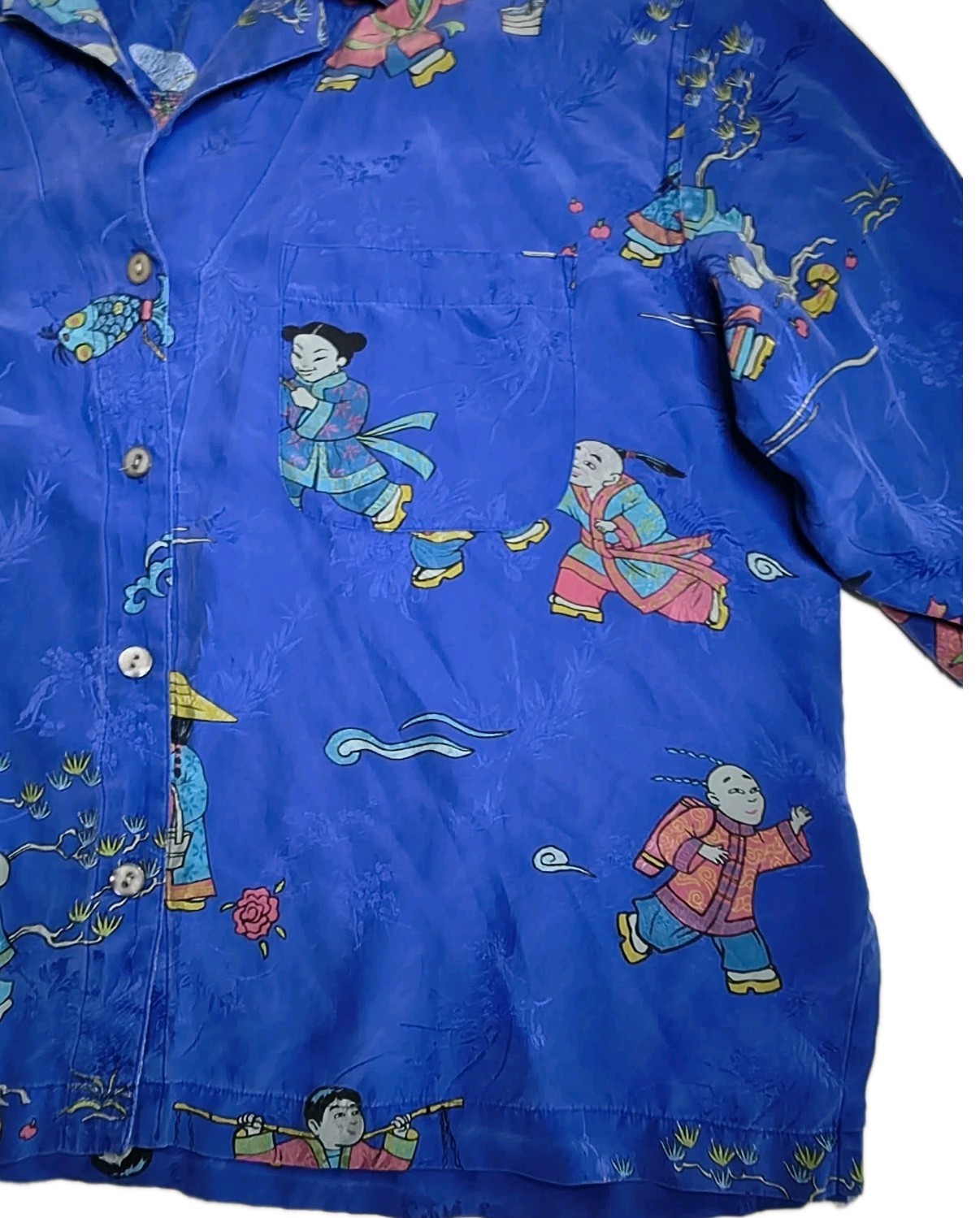 Vintage 80s 90s Chico’s Design Asian 100% Silk Blouse Royal Blue Size L