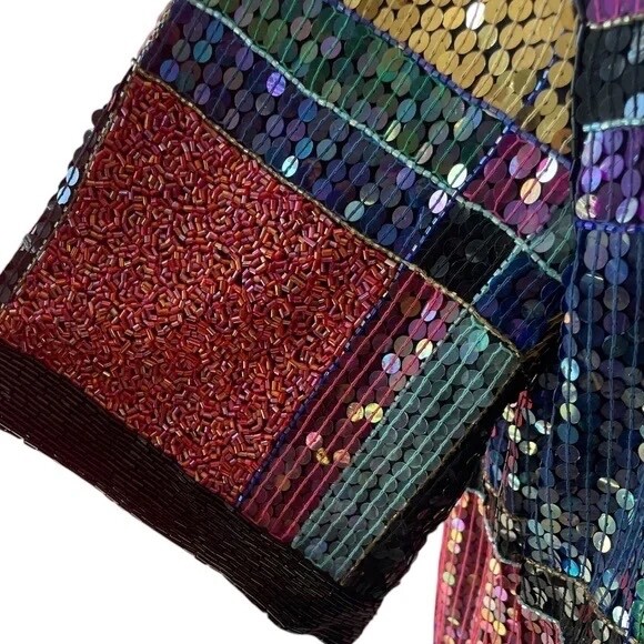 Vintage 80s Jean for Joseph Le Bon Silk Color block Beaded Sequined Blouse, Med
