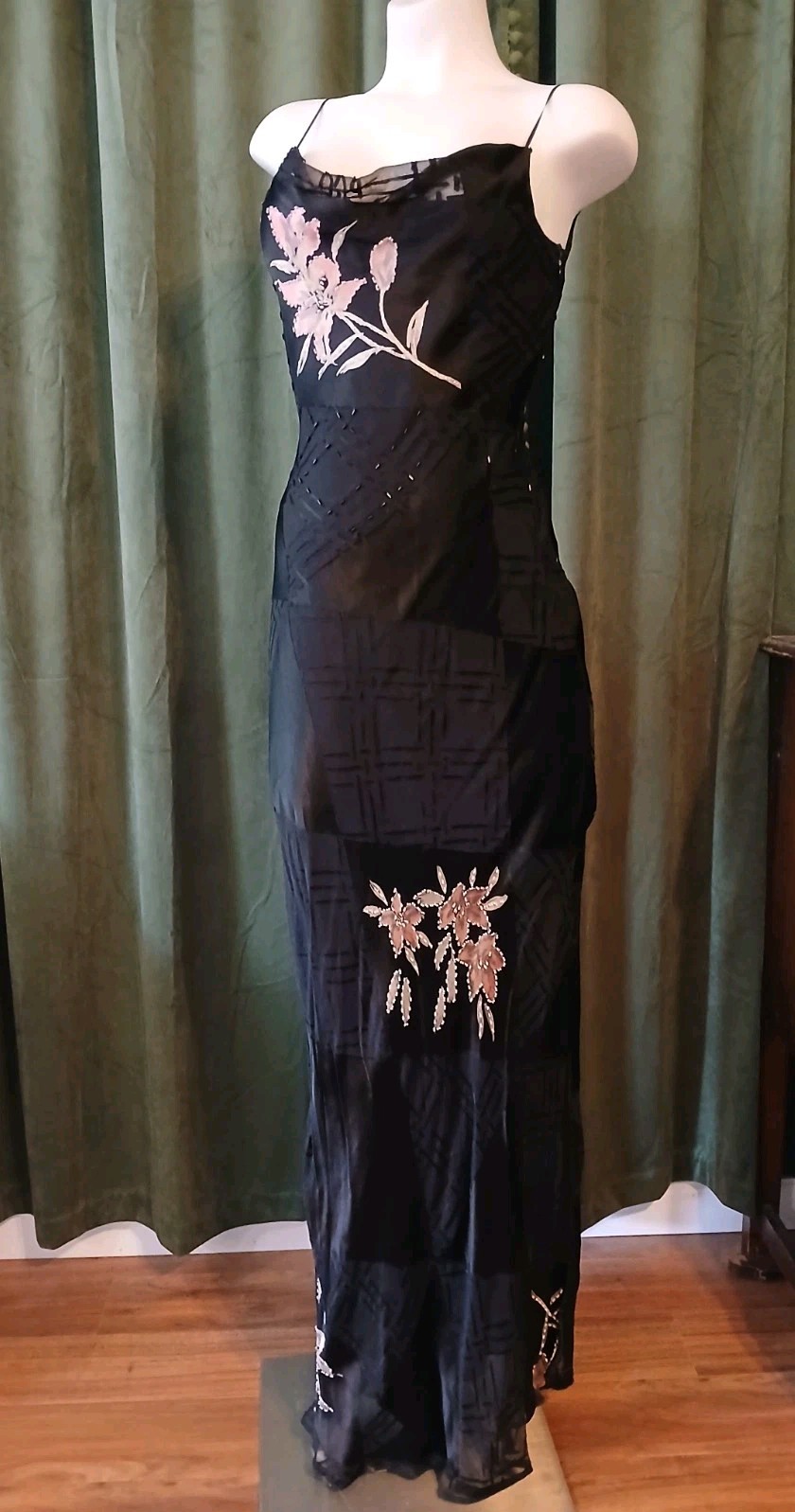 Vintage 90s L’Pogee Black Silk Rayon Floral Beaded Bias Cut Slip Gown Dress 8