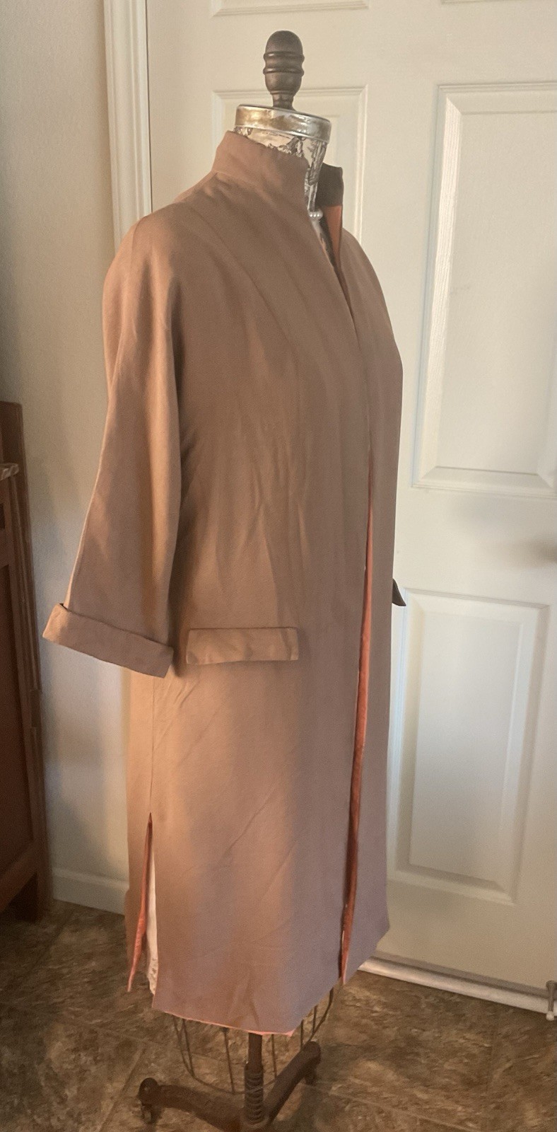Vintage 1950 FALL AUTUMN DUSTER COAT Brown Linen Orange Lining M
