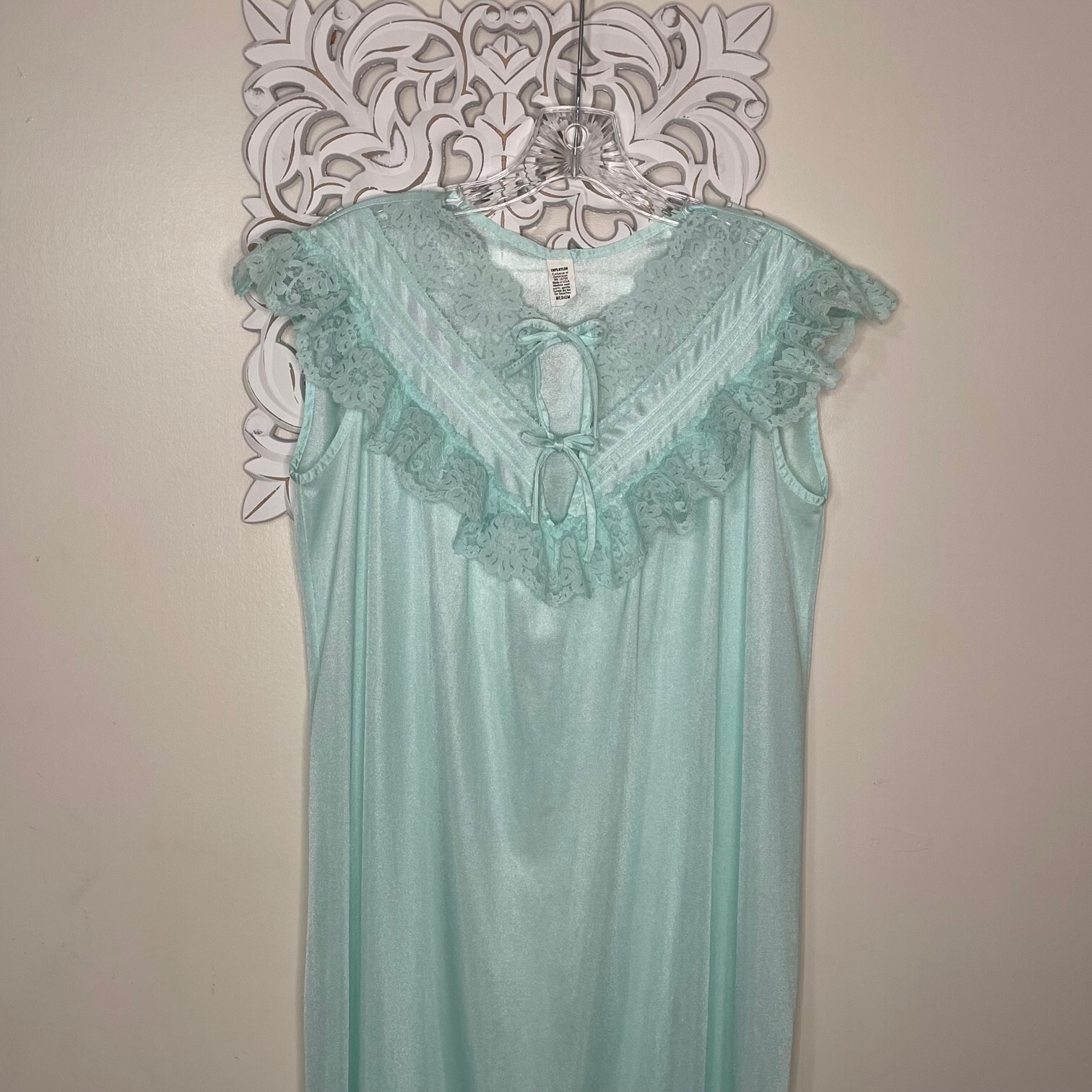 Vintage Nylon Nightgown size MEDIUM Nighty Sleep Wear Lace Front MINT Green USA