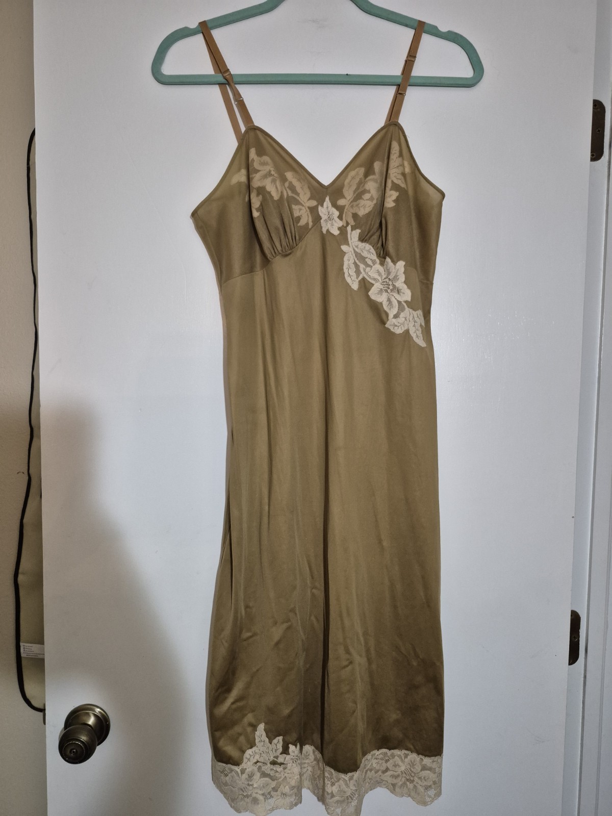 💥 UNIQUE Vintage 1960s Vanity Fair Tricot Nylon Lace Slip Dress Sz 32 Brown D2