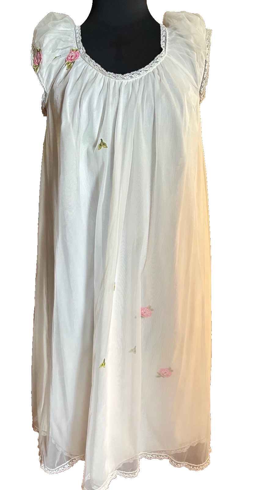 Vintage White Laros Nylon Nightgown Flower Appliqués Size Med Cut # 125