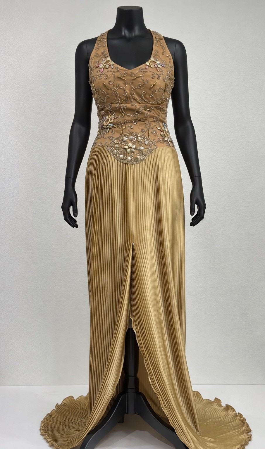 VTG Y2K Sherry Haute Couture Gold Beaded Pleated Gown Front Slit Designer