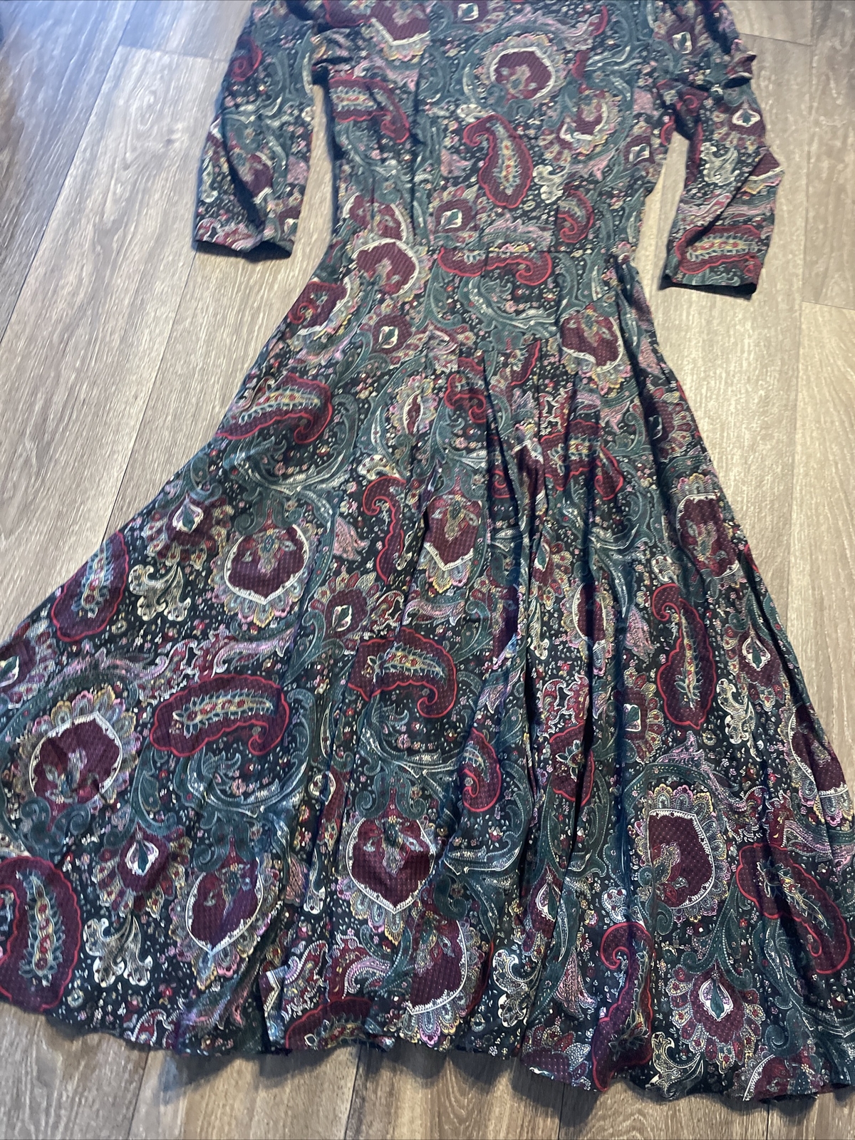 Vintage E.D. Michaels Green Burgundy Paisley Long Sleeve Maxi Dress Gown Sz 5-6