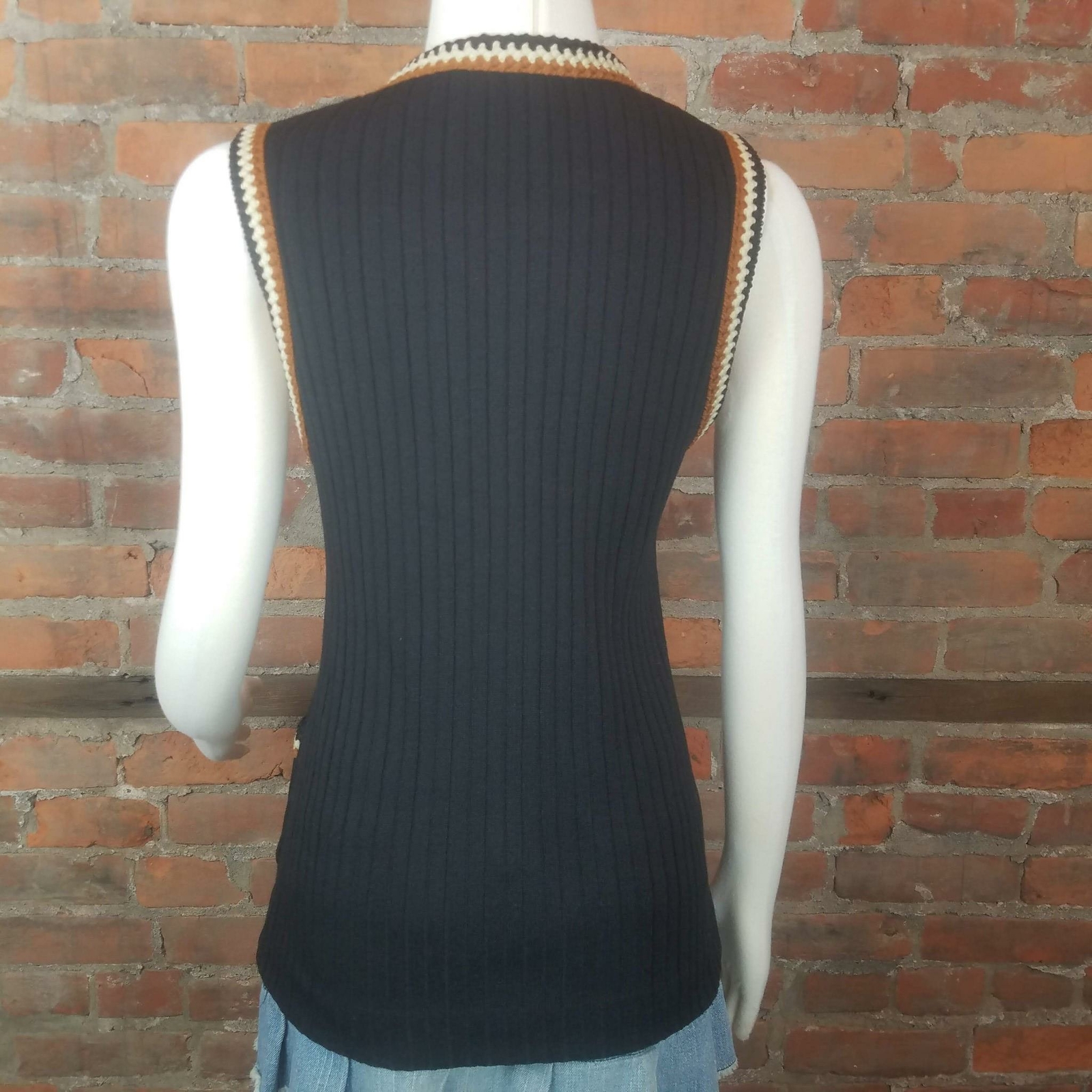 VTG Women’s Vest Black Embroidery Trim Tan Brown Cream Front Pockets Size S