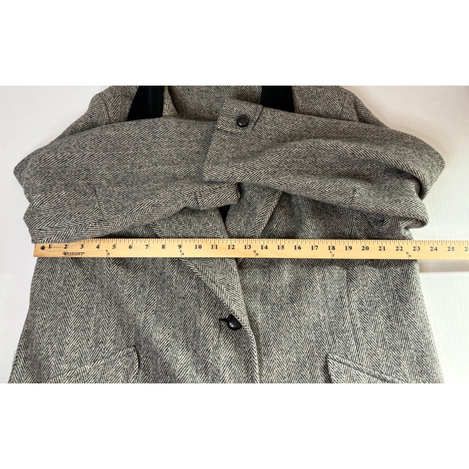 Vintage Made in USA Herringbone Coat Velvet Collar Gray Longline Overcoat