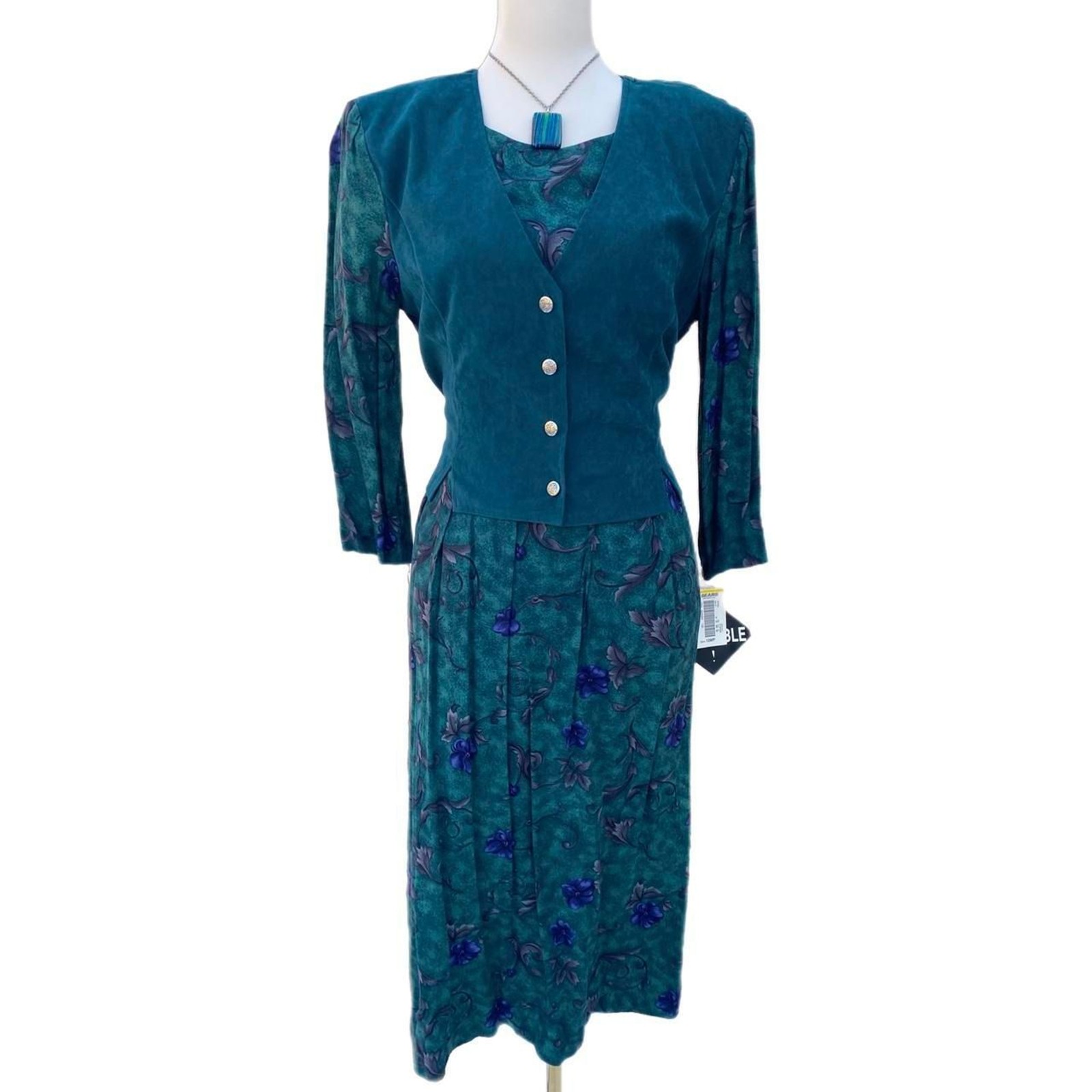 VTG 80’s Rare Deadstock Miss Dorby Sears Green Botanical Vest Dress – Size 12P