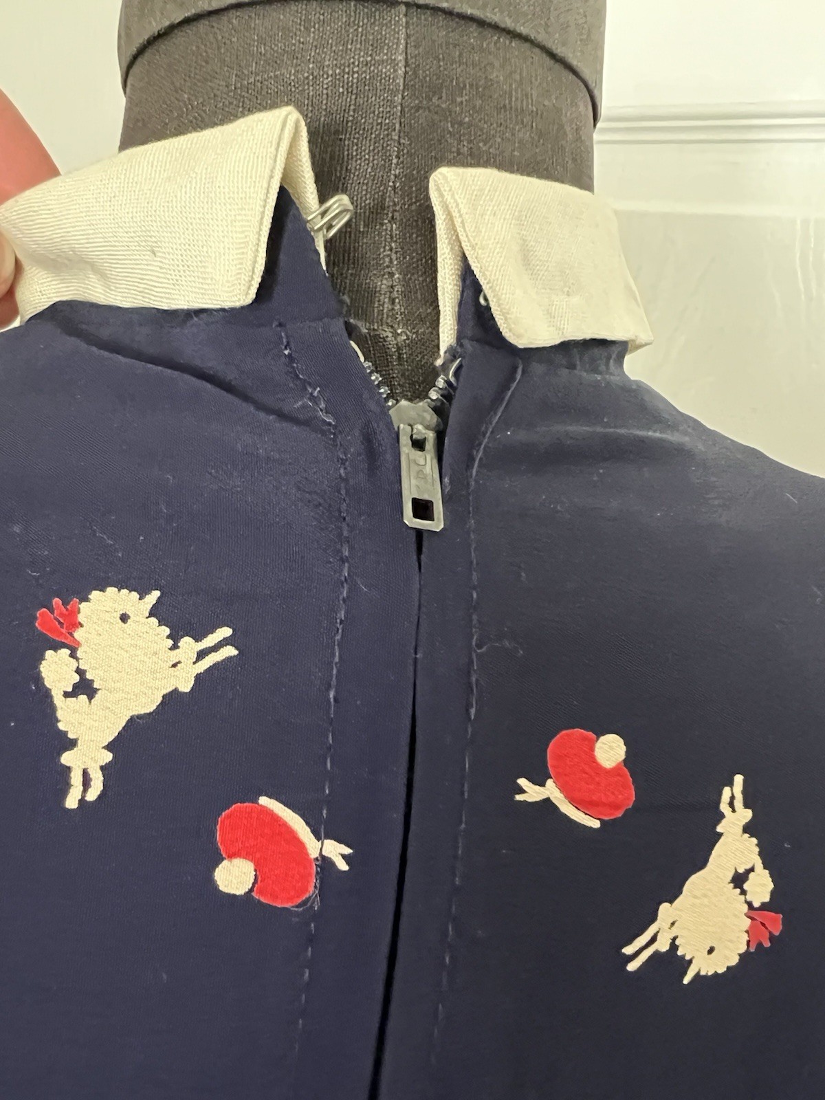 VTG 1950’s Poodle Dog Novelty Prints Blue Dress w Red Lining GOOD CONDITION S M