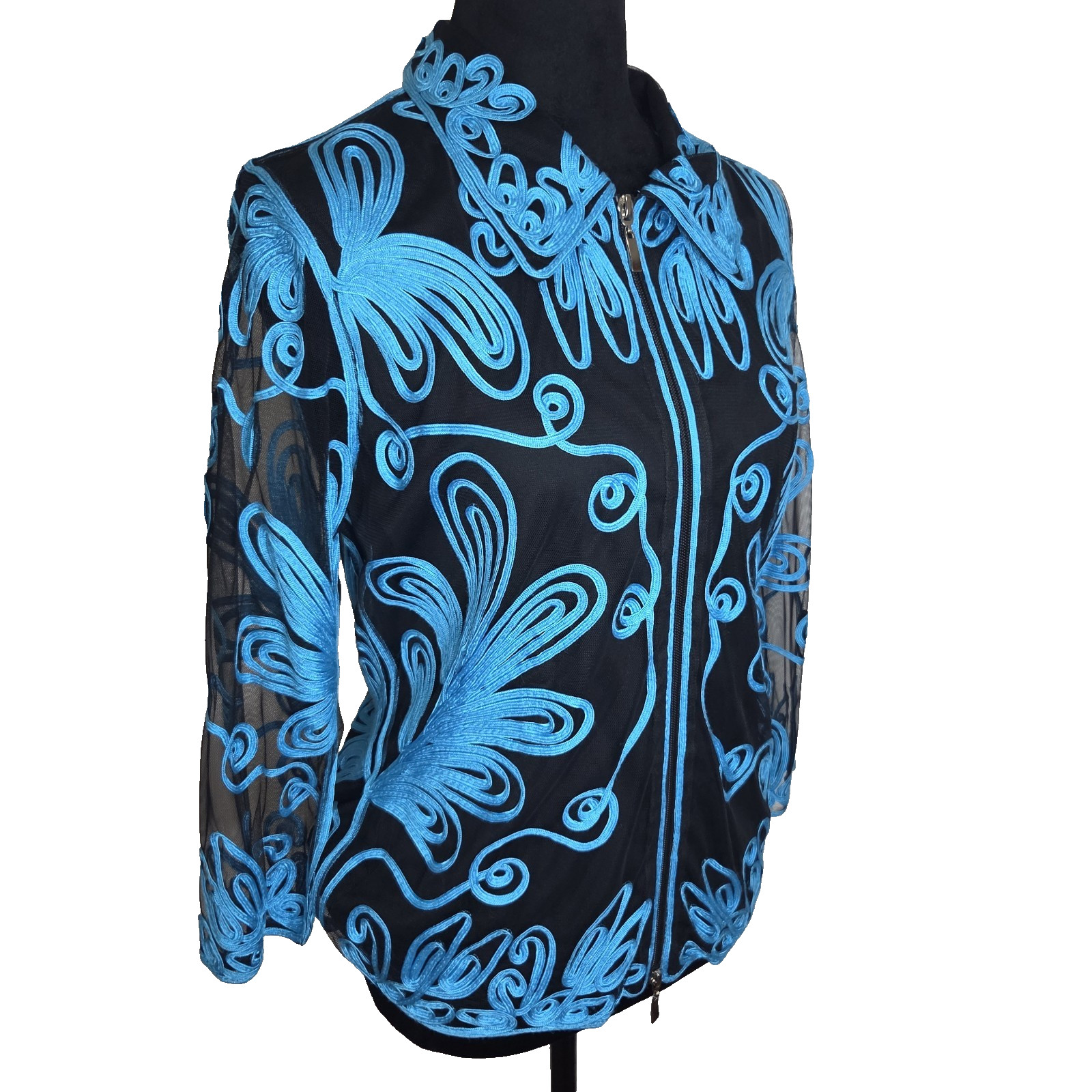T&W Designs Vintage Blouse Black w Electric Blue Accents Medium