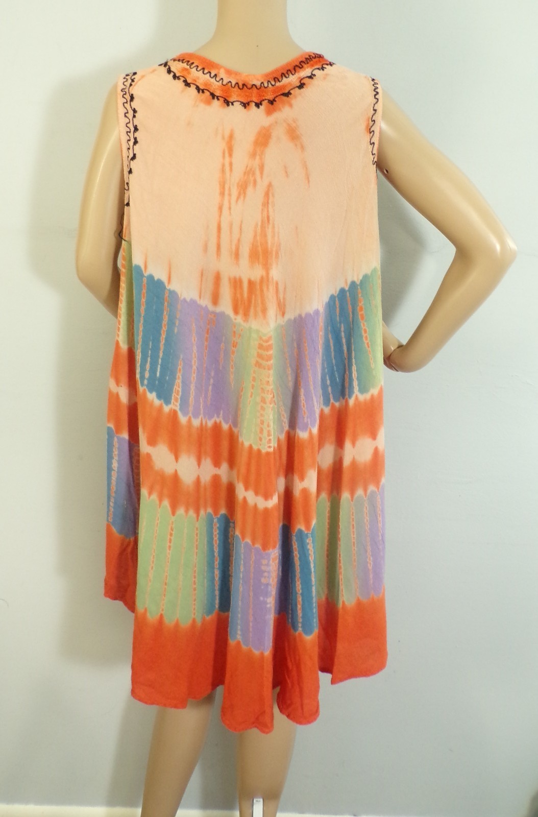 Vintage 90s Dress Tie Dye Embroidery Asymmetrical Boho Free One Size Peasant