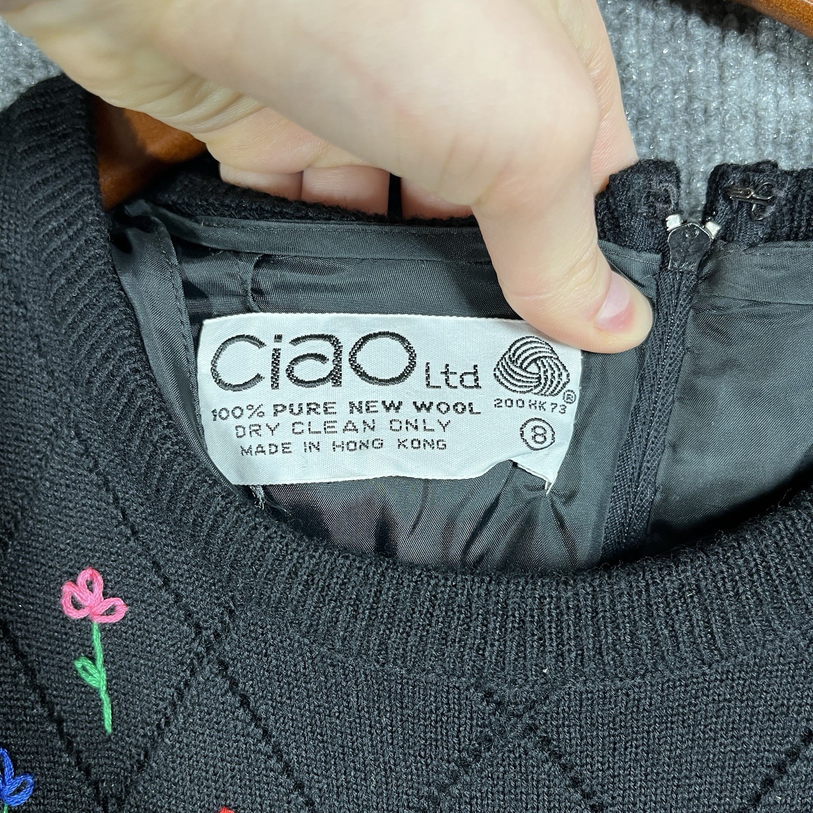 VINTAGE 80s Ciao Ltd 100% Pure Wool Sweater Dress Black Embroidered Floral Sz 8