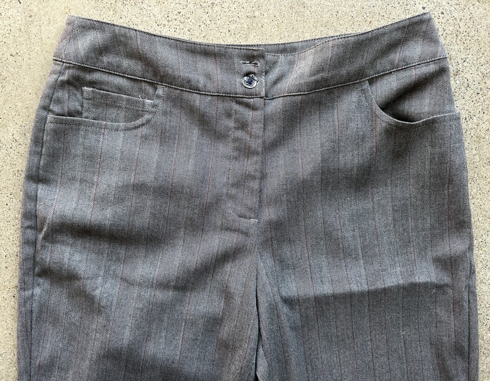 Vintage Chico’s Design Women’s Gray Striped Flat Front Stretch Dress Pants Sz 1