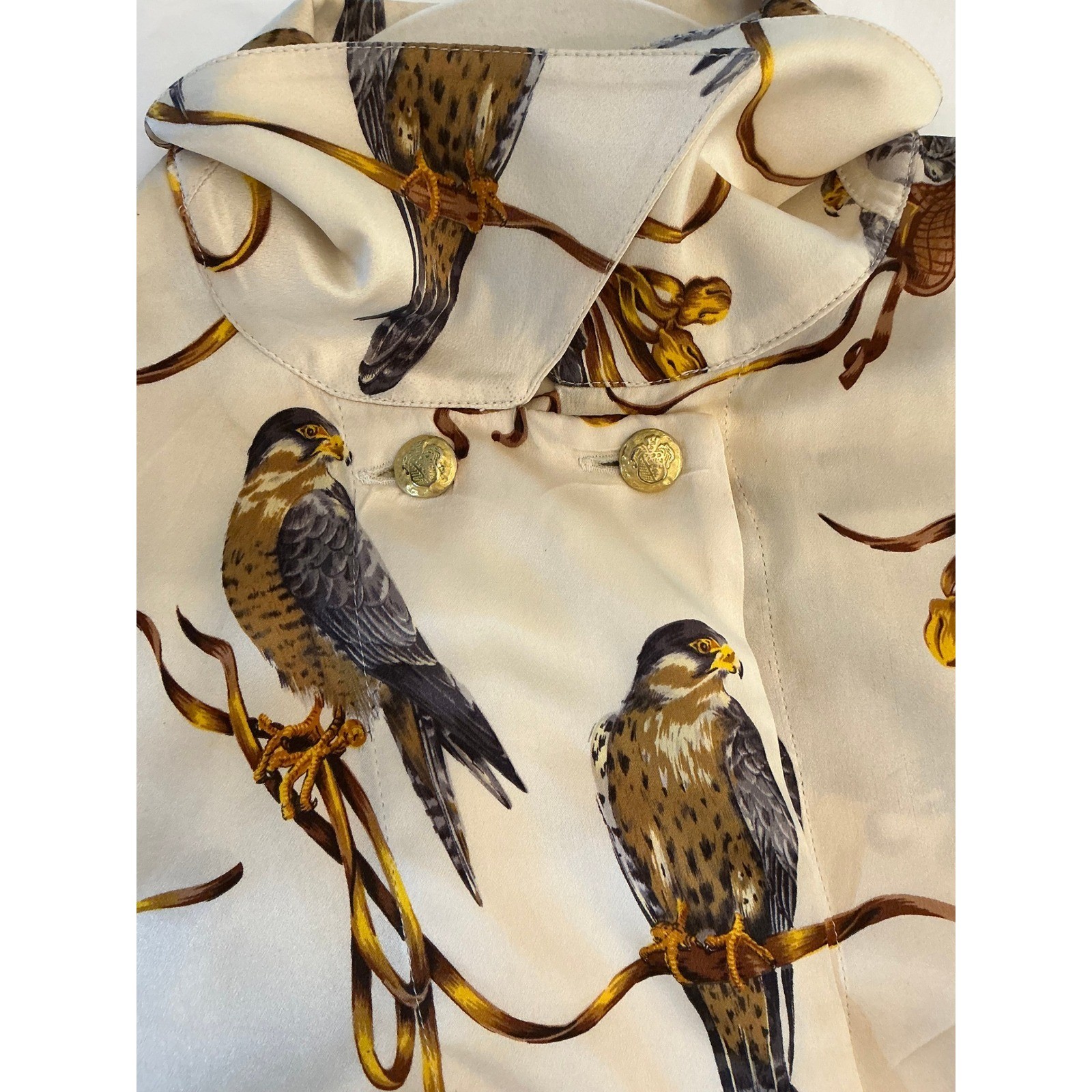 Escada Margaretha Ley Vintage Silk Falcon Print Blouse Cream Gold Bird Shirt 38
