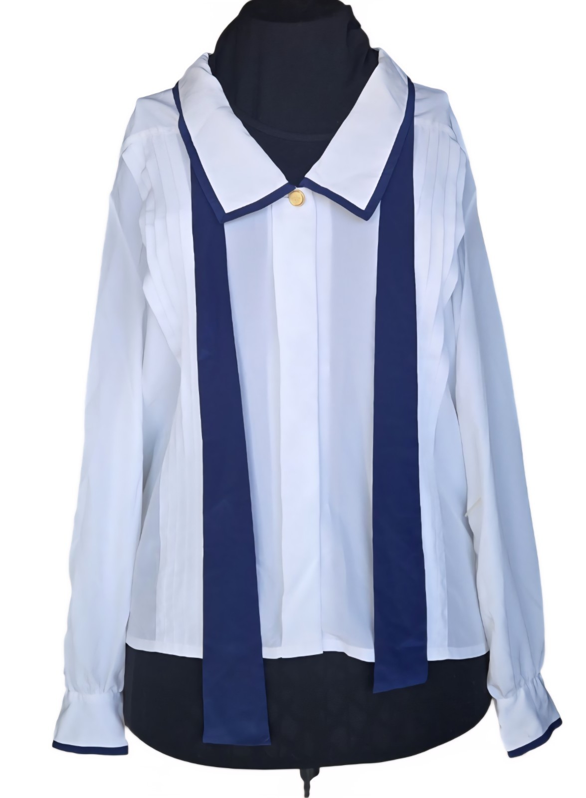 1980s CHAUS SPORT White Blouse With Sailor Collar & Navy Blue Trim & Tie Sz 14