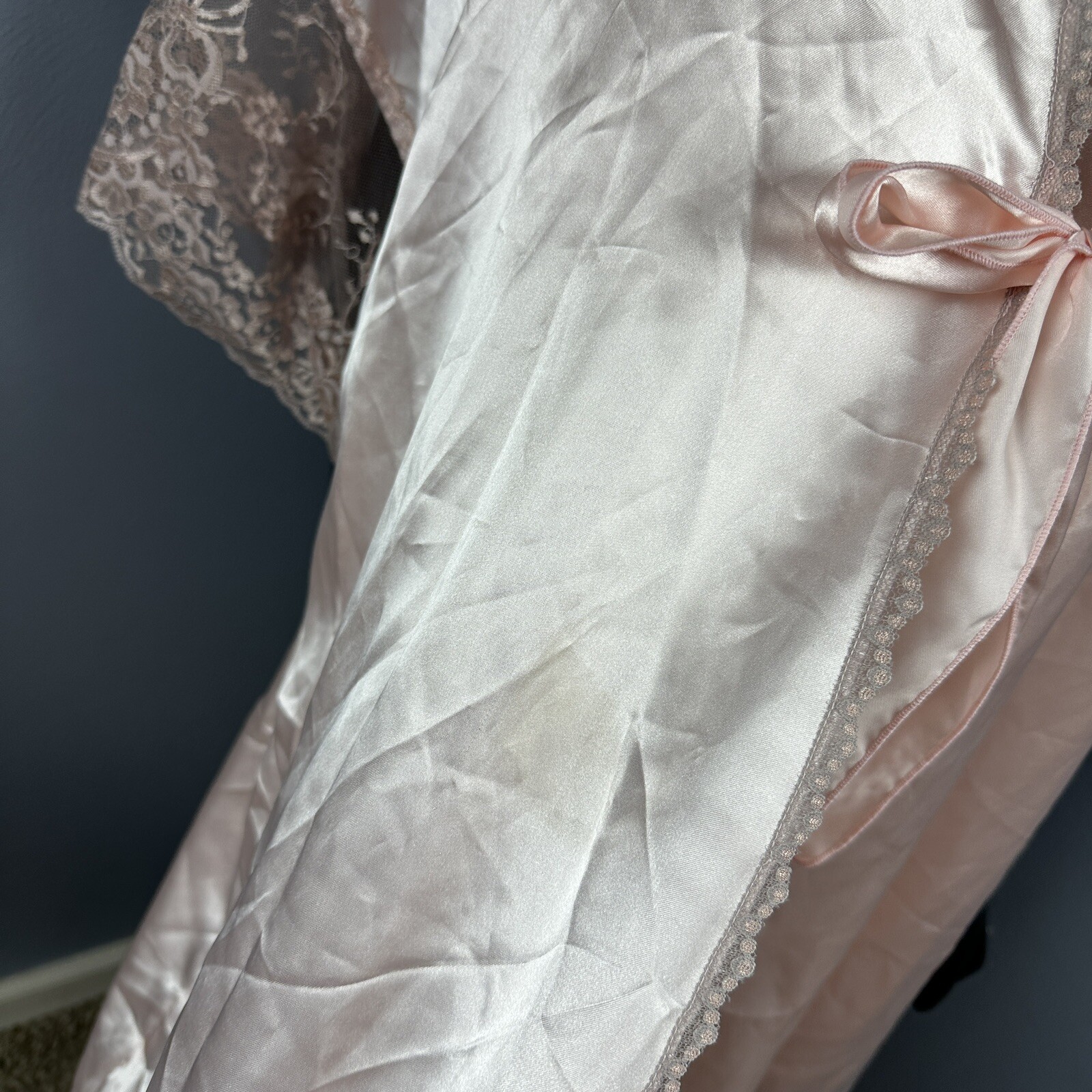 Vtg Lady Cameo Robe & Chemise Nighty Slip Dress Silky Pink Mauve Lace Set Sz L