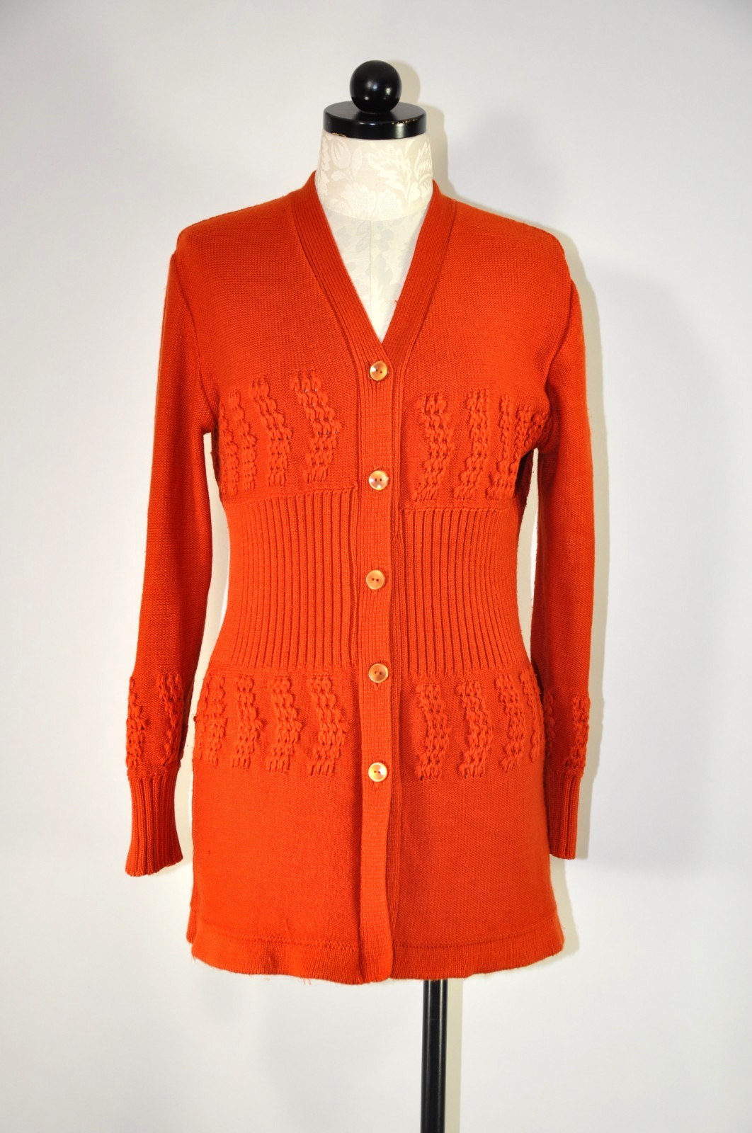 70s Autumn Rust Orange Pointelle Ribbed Knit Button Up Sweater Cardigan Women M