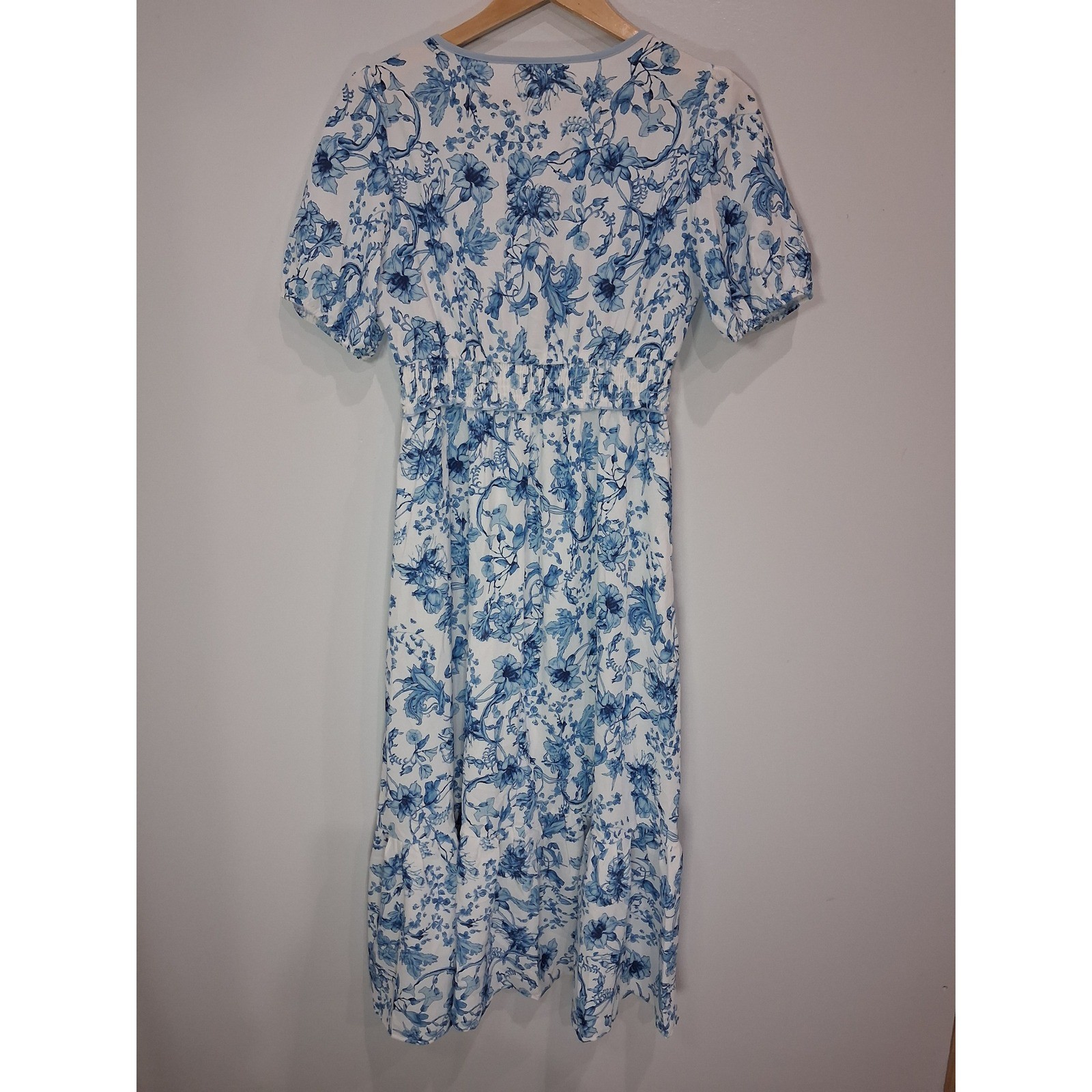 Grace Karin Blue White Floral Toile Smocked Maxi Dress V-Neck Puff Sleeve Small