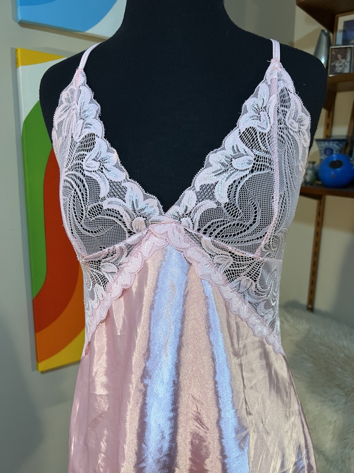 Vtg 90’s Farr West Style Pink Gloss Shiny Satin Slip Gown Lace