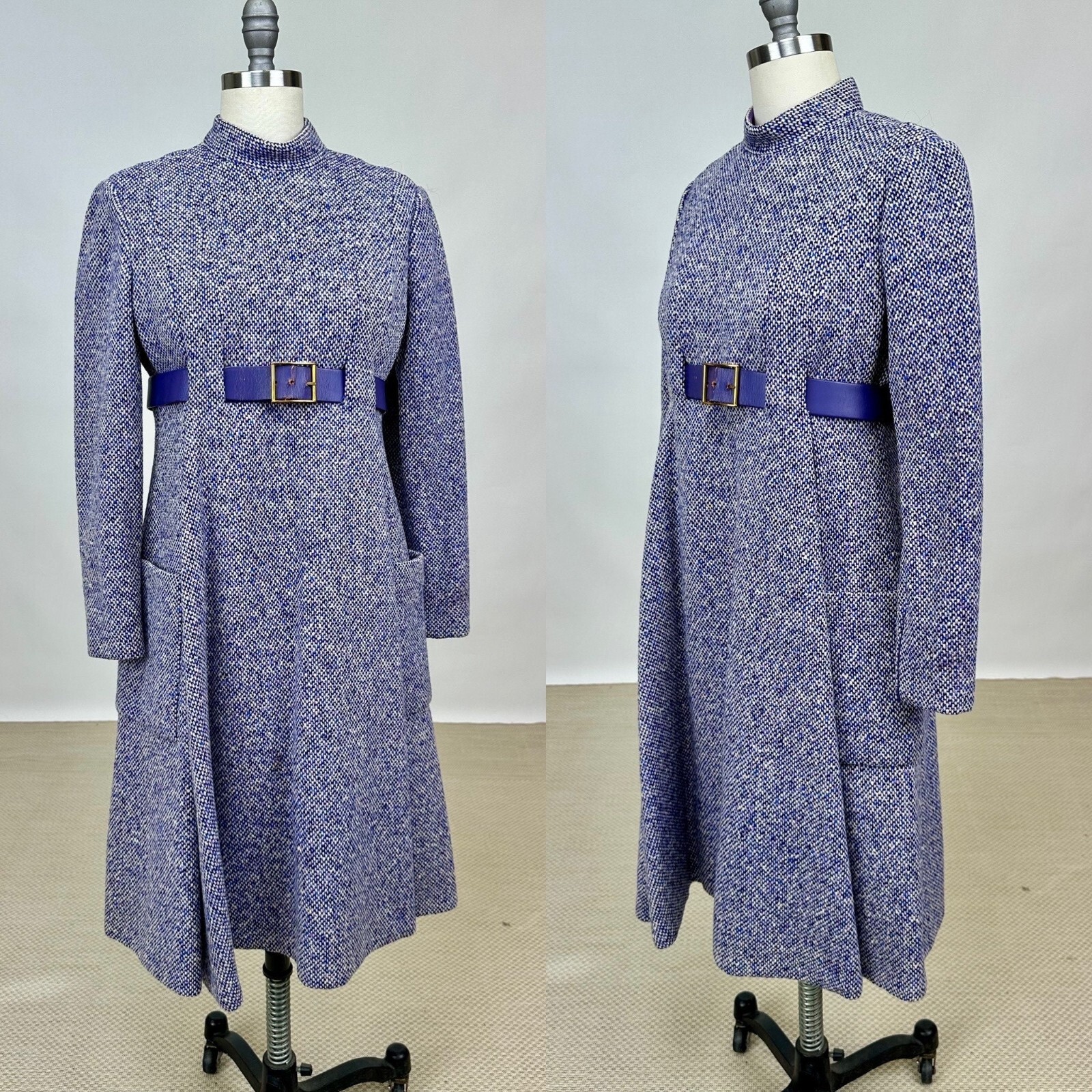Vintage 1960s Designer Geoffrey Beene Wool Purple Tweed Long Sleeve Mod Dress
