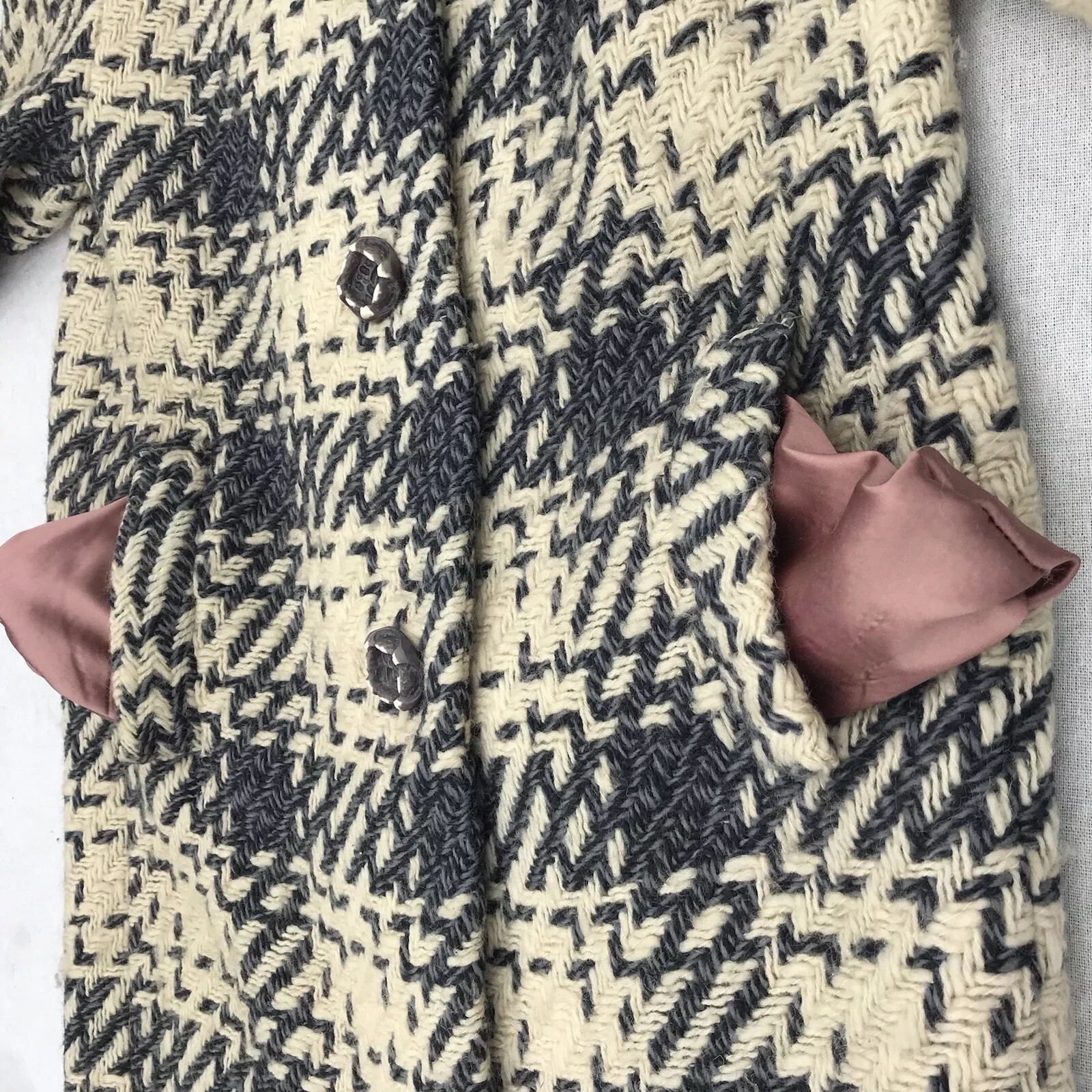 Vtg 50s 60s Woven Wool Women’s Coat Geo Southwestern M L Grey Tan Mod Retro USA