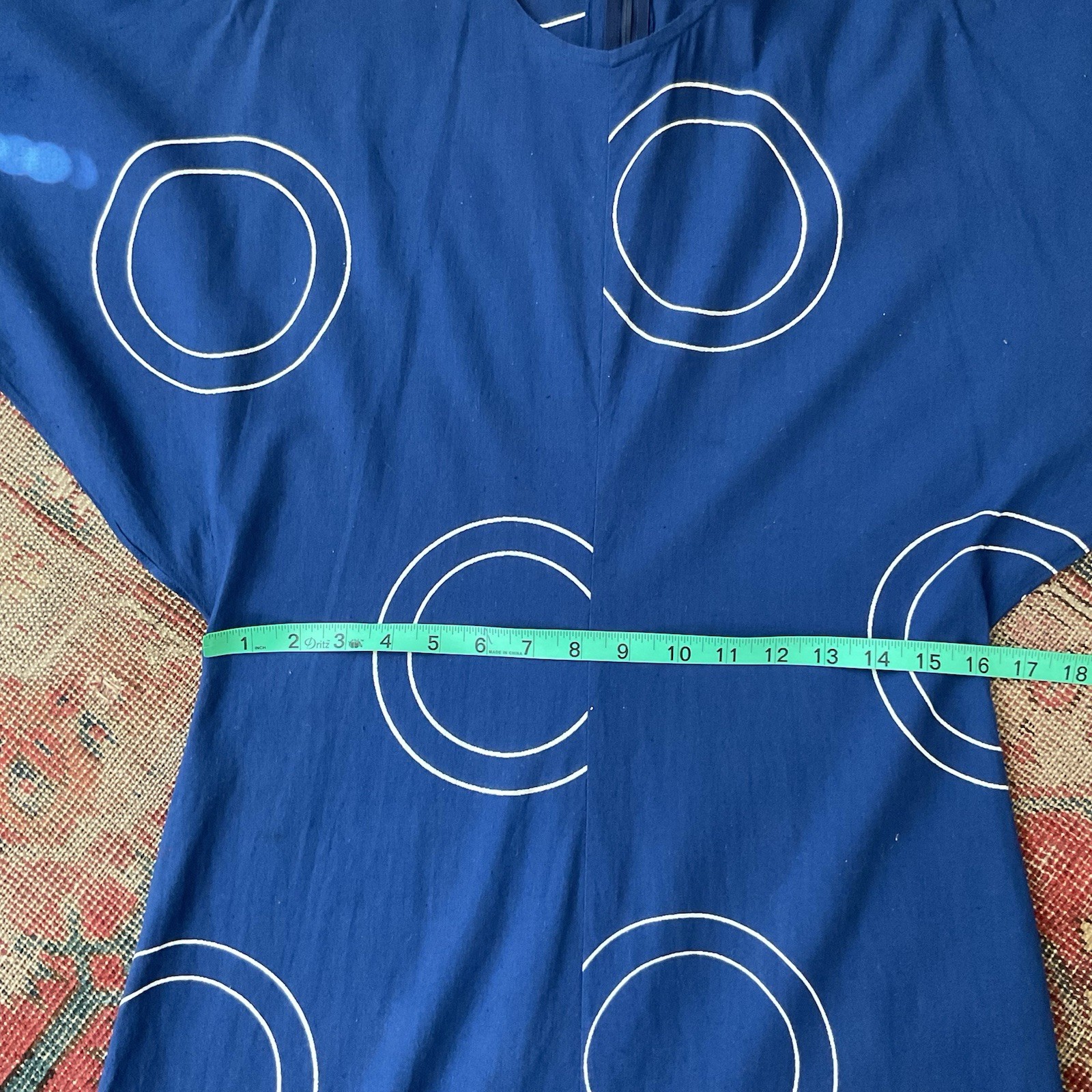 Vintage 1970s VUOKKO Finland Blue Circles Cotton Dress Kimono Sleeve Modernist